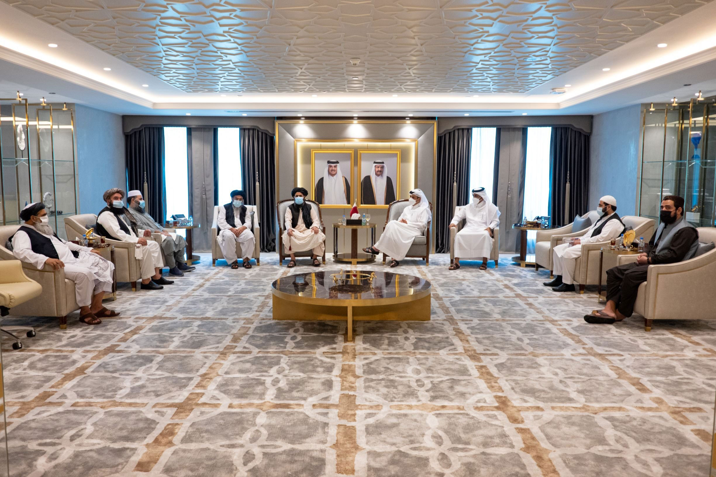 Qatari Foreign Minister, Sheikh Mohammed bin Abdulrahman Al Thani, meets with the head of the Taliban's Political Bureau, Mullah Abdul Ghani Barader, and his accompanying delegation in Doha.