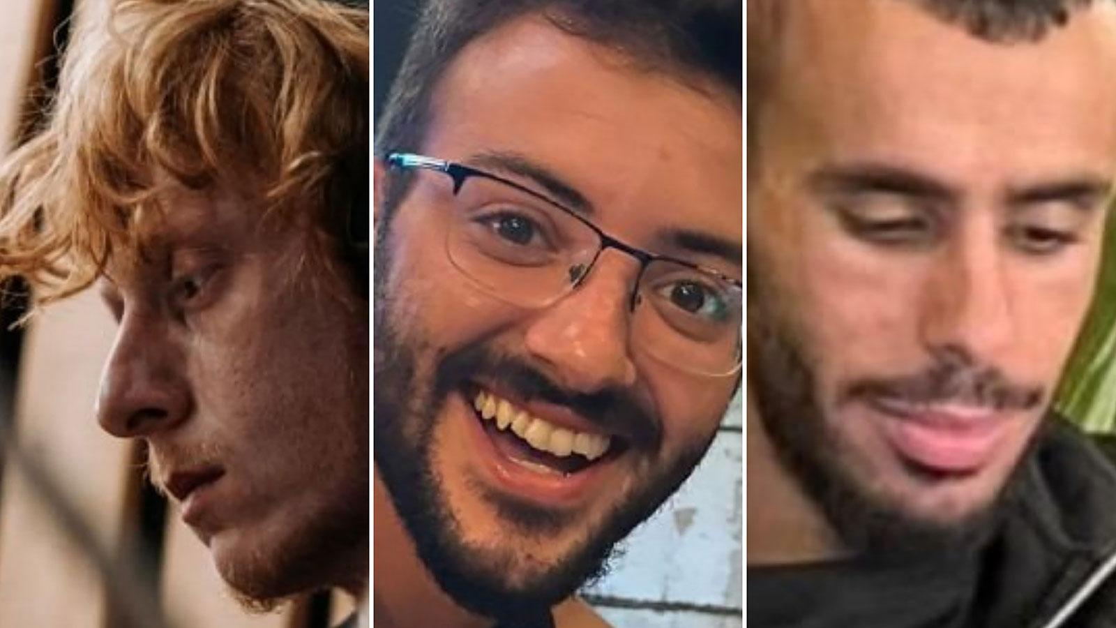 The three hostages killed are identified as, from left to right, Yotam Haim, Alon Shimriz, and Samer Talalka