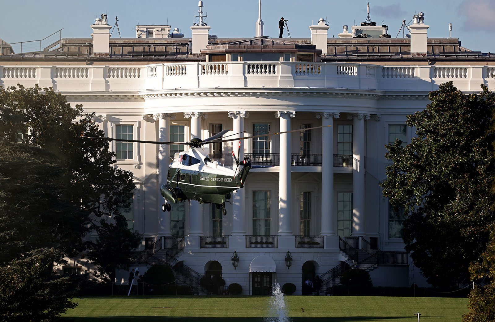 Marine One, the presidential helicopter, arrives at the White House to carry President Donald Trump to Walter Reed National Military Medical Center on October 2.