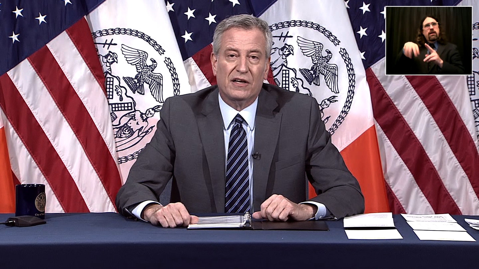 New York City Mayor Bill de Blasio speaks during a coronavirus briefing in New York City on May 20.