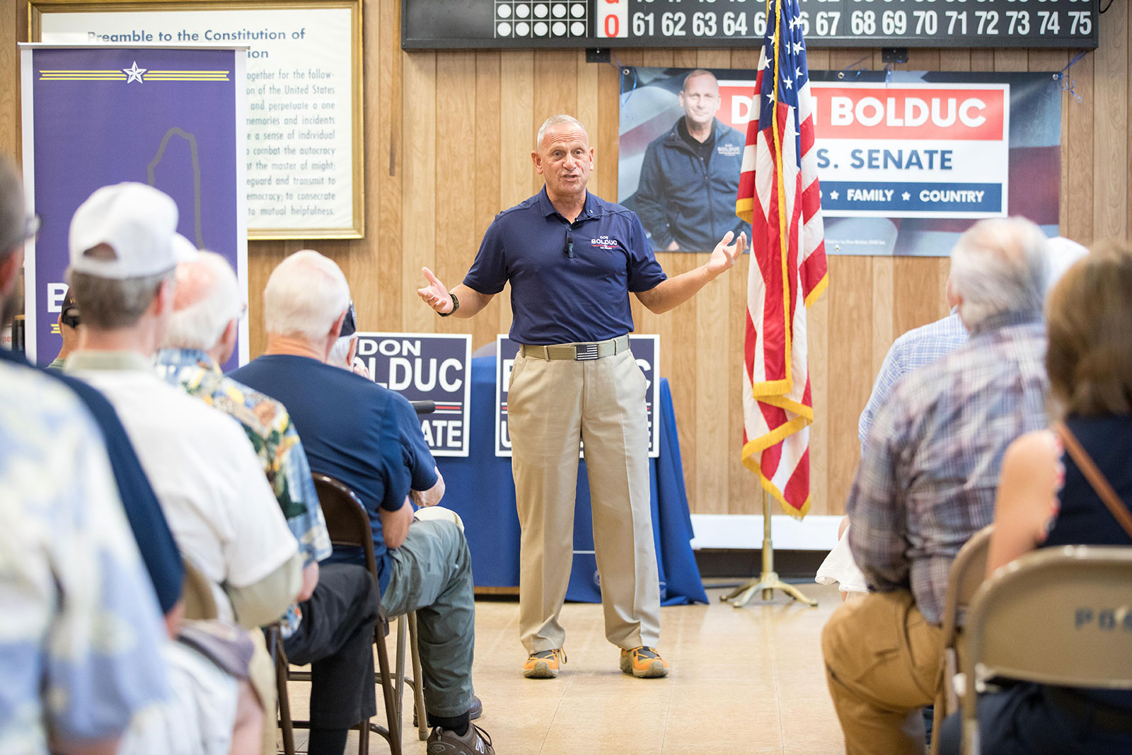 Don Bolduc speaks with supporters at a town hall event on Sept. 10 in Laconia, New Hampshire. 