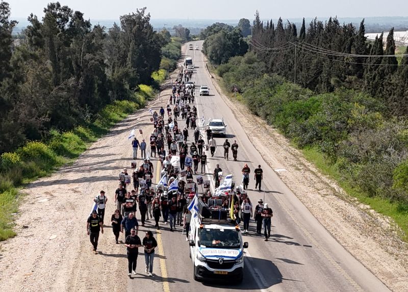 An aerial view shows the march setting out on a road in Re'im on Wednesday.