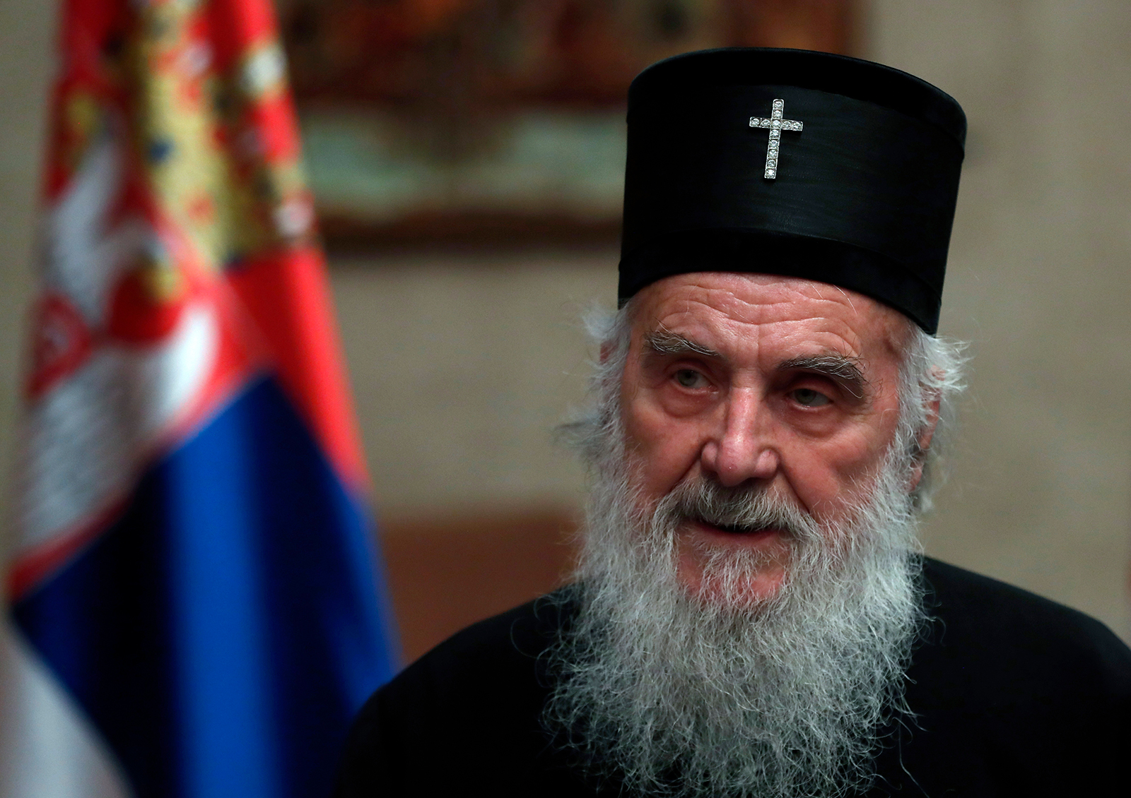 In this file photo, Serbian Patriarch Irinej speaks during a statement with Serbian President Aleksandar Vucic in Belgrade, Serbia, on March 15.