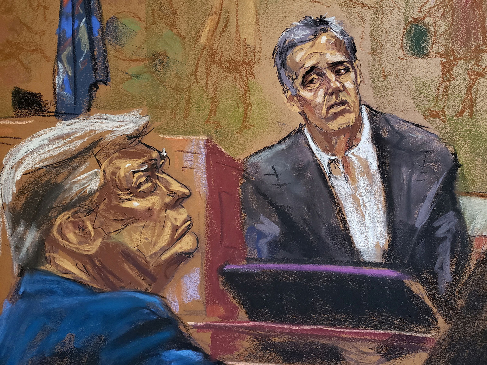 Michael Cohen looks towards former U.S. President Donald Trump as he is questioned by a lawyer for the attorney general's office on Tuesday, October 24,  in this courtroom sketch. 