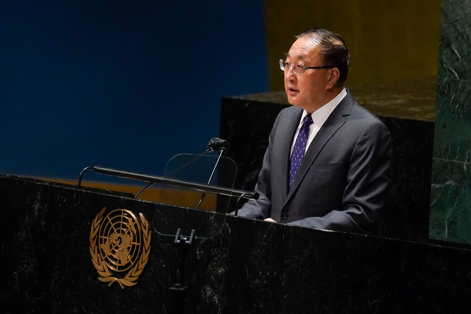 China's United Nations Ambassador Zhang Jun speaks during an emergency session of the General Assembly at the UN headquarters on Thursday.