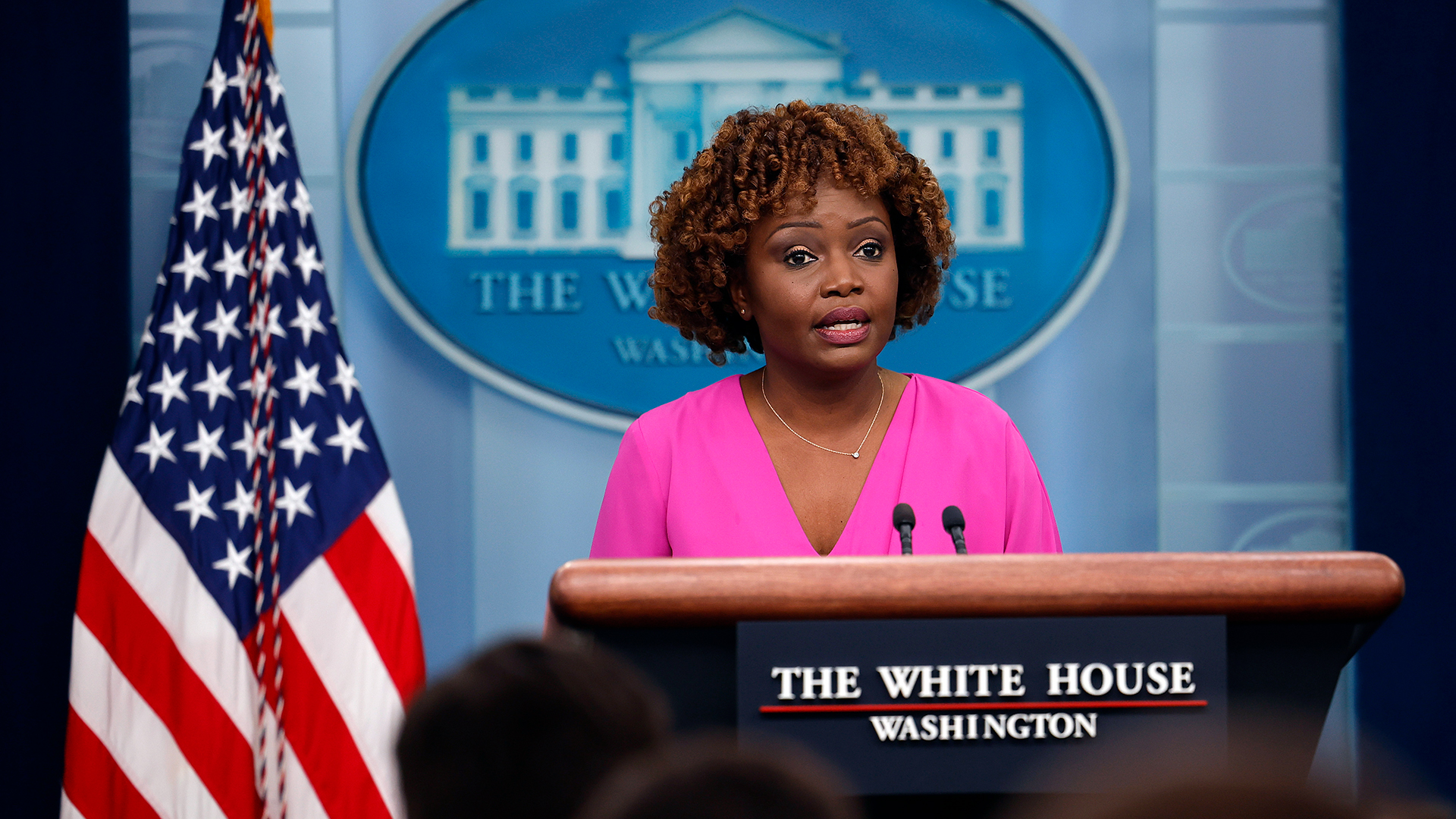 White House Press Secretary Karine Jean-Pierre talks to reporters during the daily news conference in the Brady Press Briefing Room at the White House on March 27 in Washington, DC. 