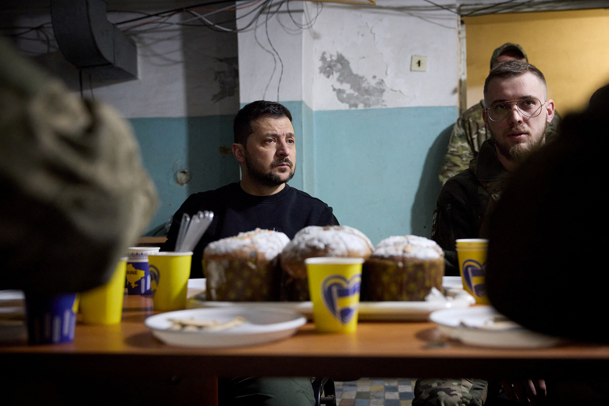 Ukraine's President Volodymyr Zelensky speaks with Ukrainian service members in Avdiivka, Donetsk region, Ukraine, on April 18.