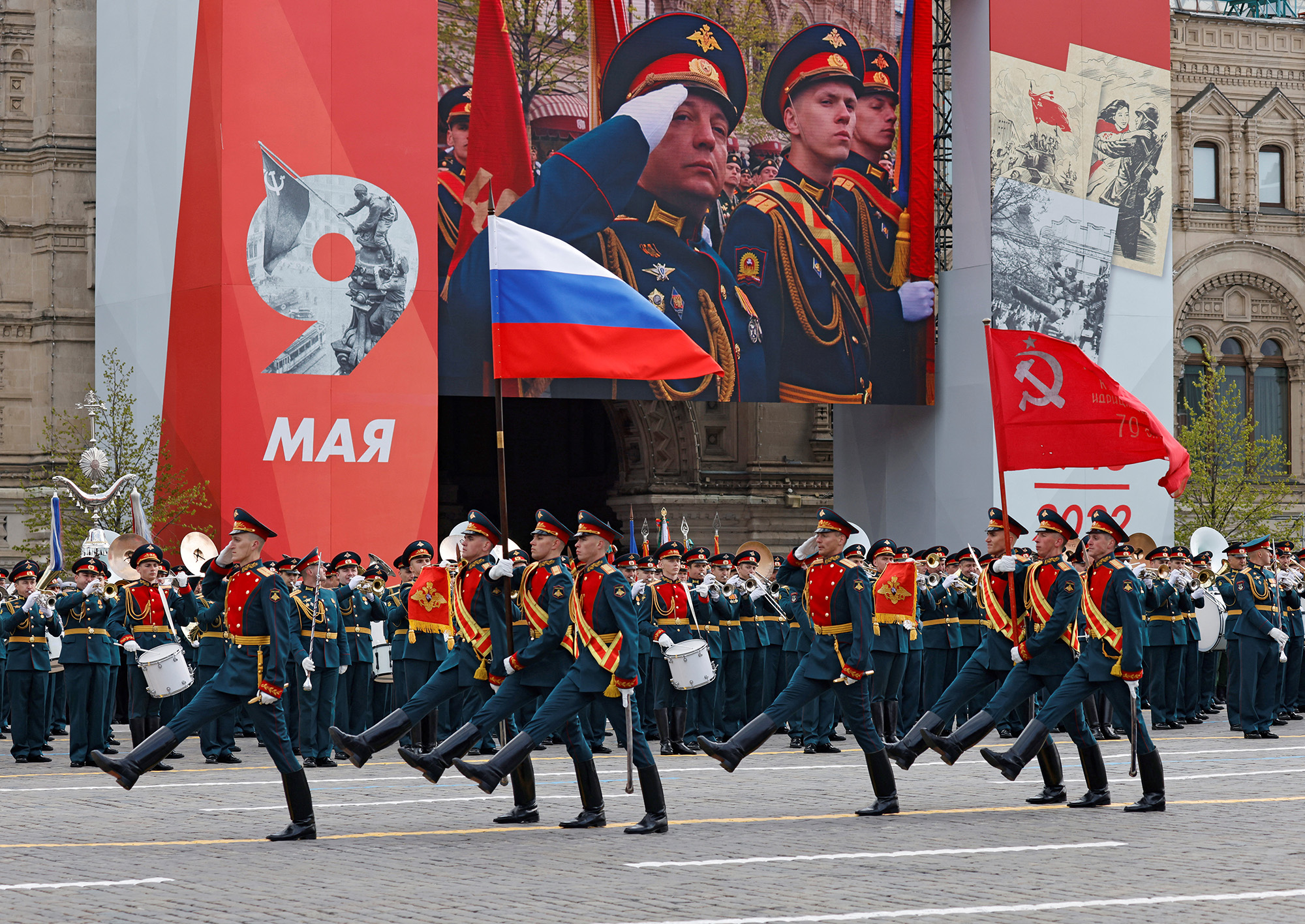 Russian service members take part in a military parade on Victory Day, which marks the 77th anniversary of the victory over Nazi Germany in World War Two, in Red Square in central Moscow, Russia, on May 9.