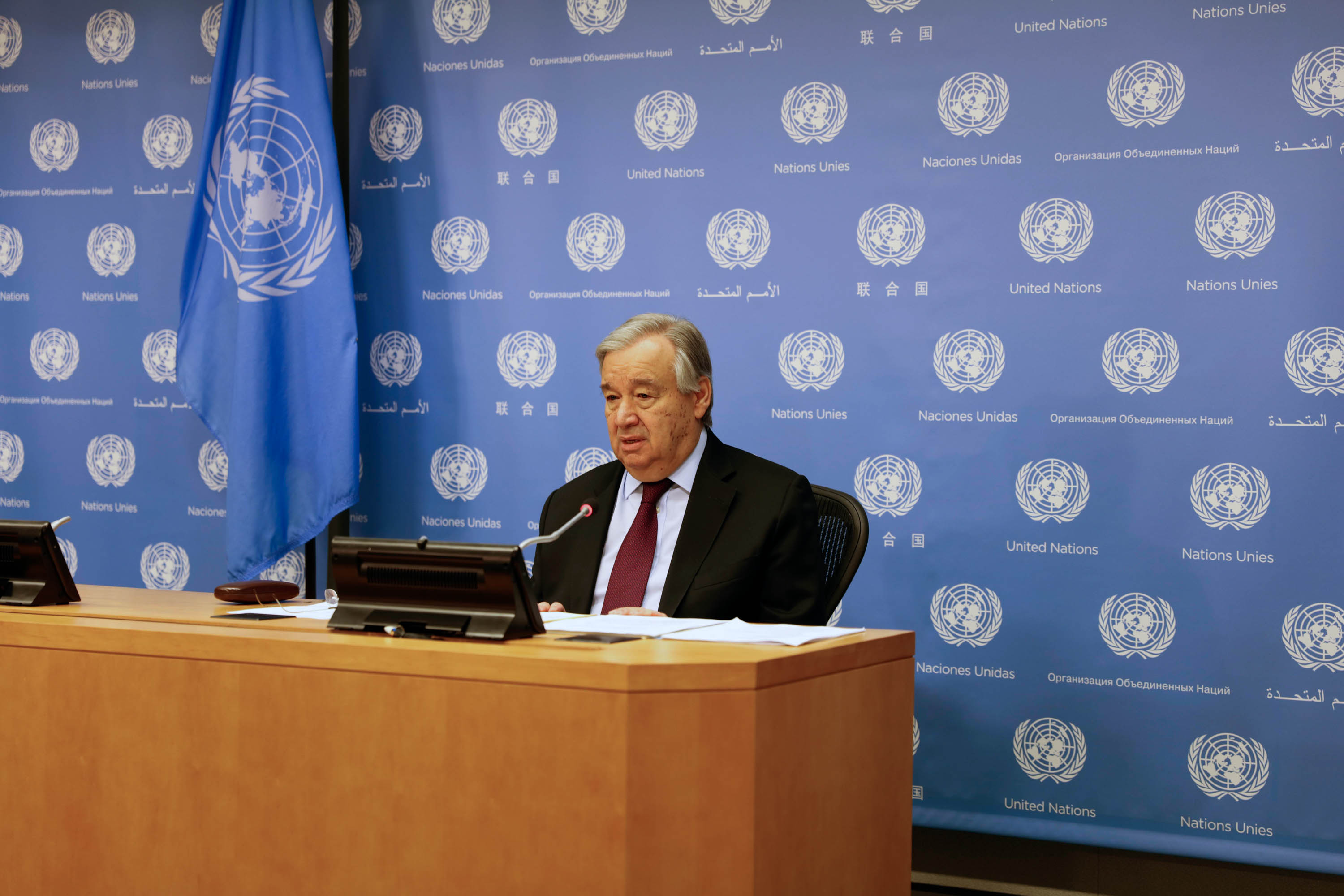 United Nations Secretary-General António Guterres is pictured during a virtual press conference at the UN headquarters in New York, on April 30. 