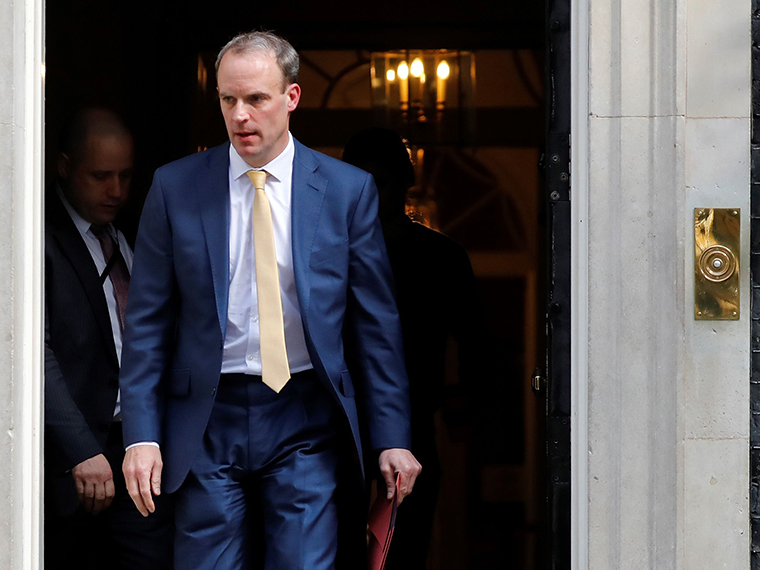 Britain's Foreign Secretary Dominic Raab leaves from 10 Downing Street in central London, on Tuesday, April 7.