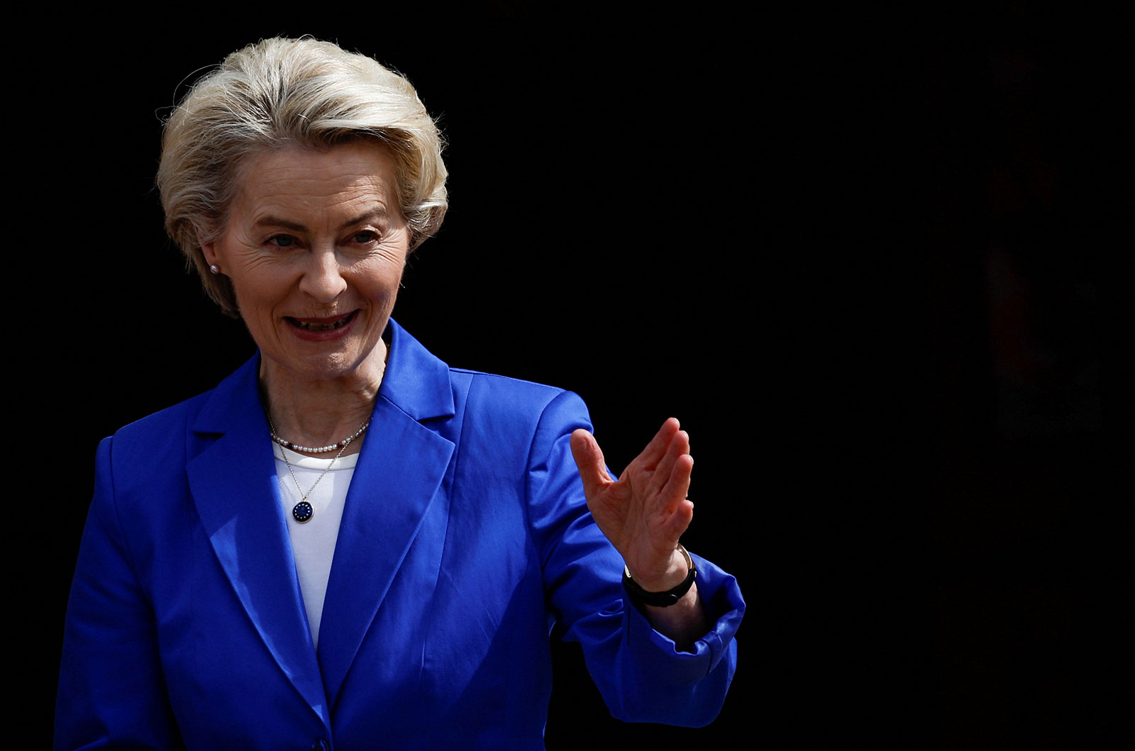 European Commission President Ursula von der Leyen gestures on the day of an event marking the 25th anniversary of the Good Friday Agreement at Queen's University, in Belfast, Northern Ireland, April 19.