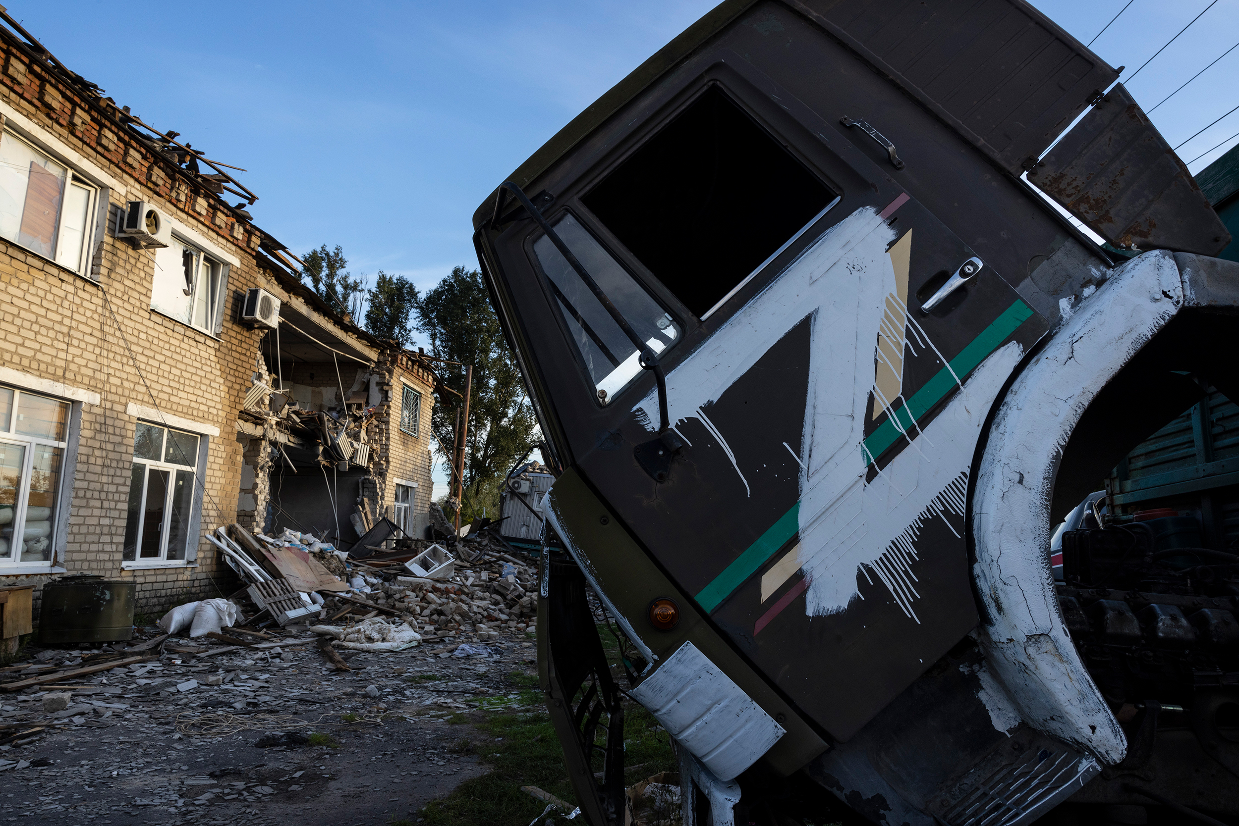 A destroyed Russian command center is seen on September 29, in Izium, Ukraine. On September 9th, Ukranian armed forces hit the center that was known as a jail and torture chamber. 