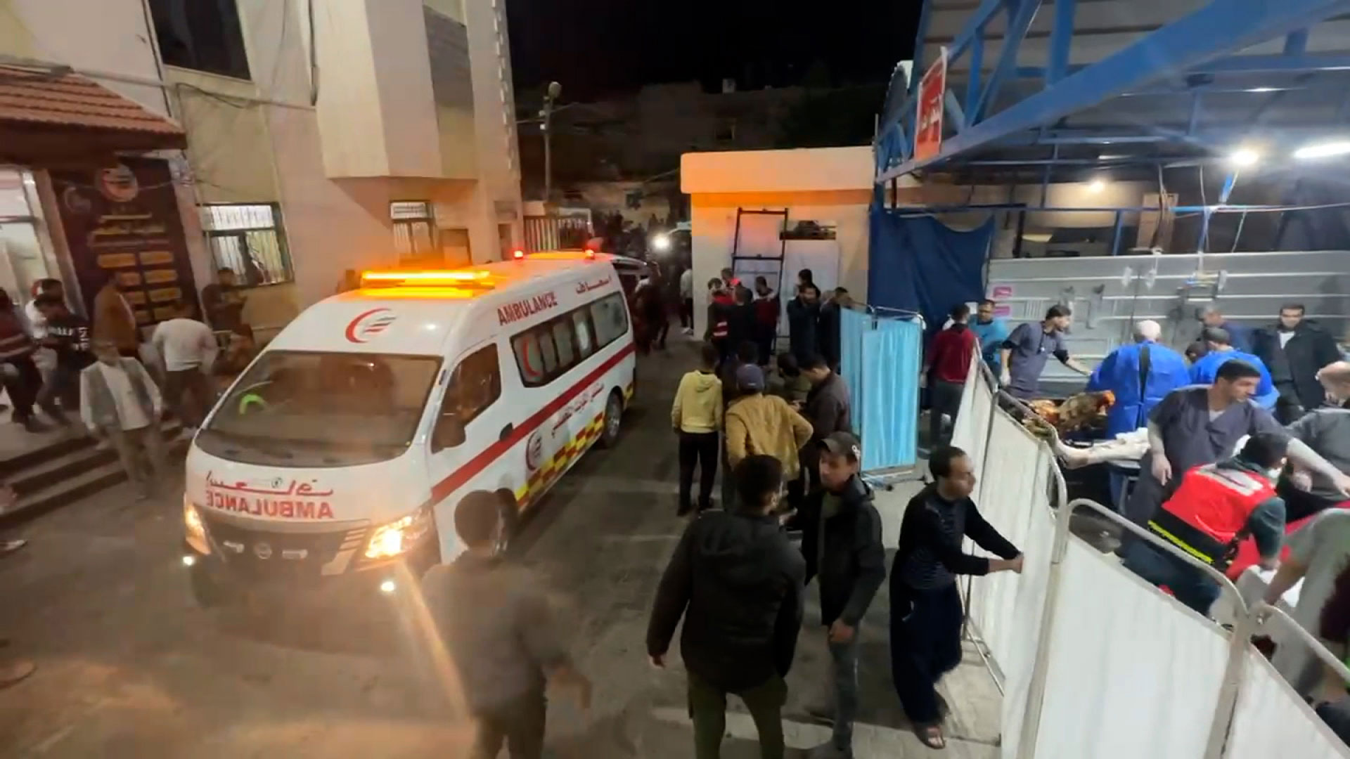 A still from a video shows an ambulance arriving at the gate of Al-Kuwaiti Hospital in Rafah, Gaza, on Thursday. 