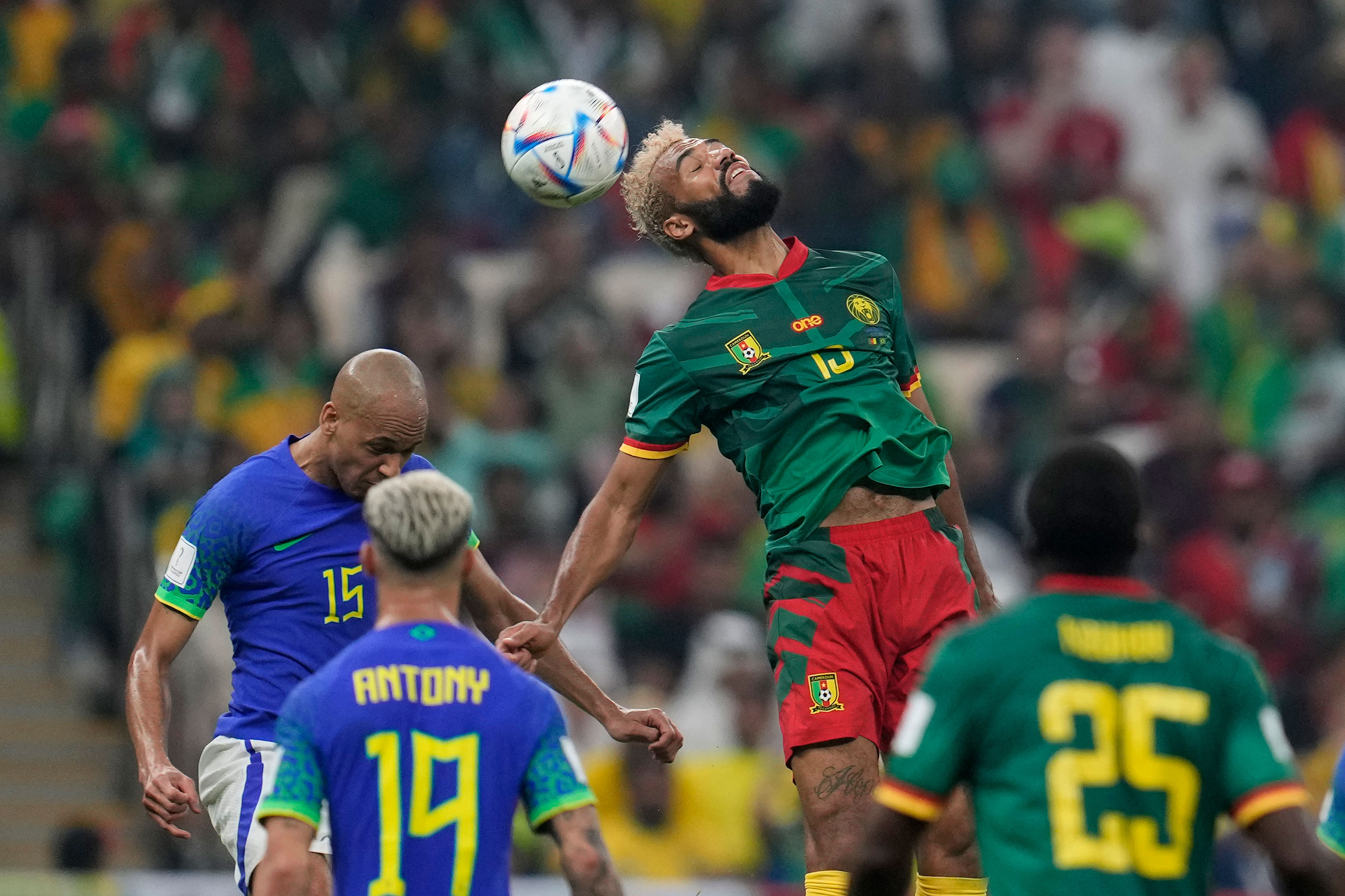 Cameroon's Eric Maxim Choupo-Moting heads the ball.
