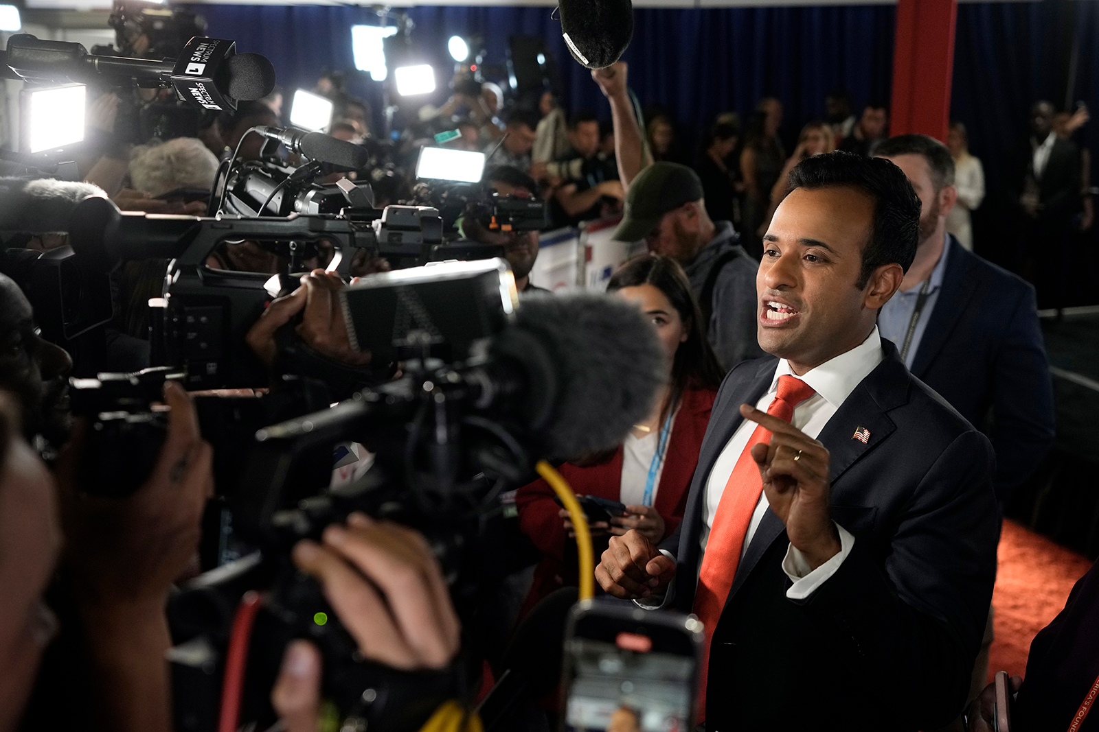 Vivek Ramaswamy speaks to reporters after the Republican primary debate on August 23, in Milwaukee, Wisconsin. 