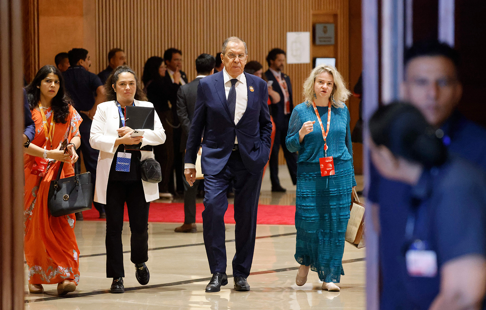 Sergei Lavrov walks after the closing session of the G20 summit in New Delhi on September 10.
