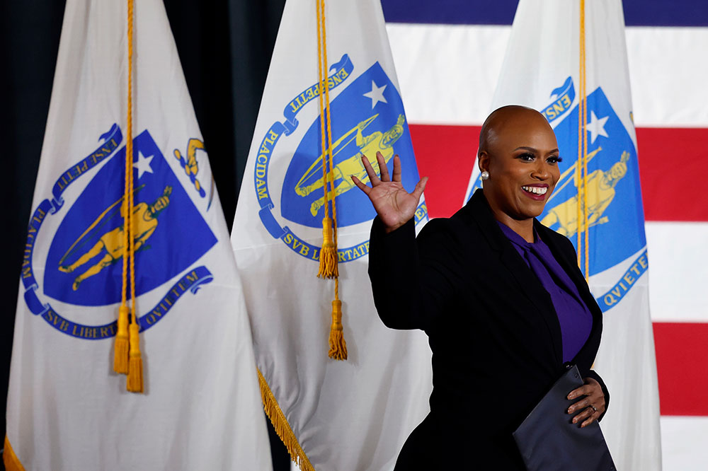 Pressley arrives to speak during a Democratic election night party, Tuesday, November 8, in Boston. 