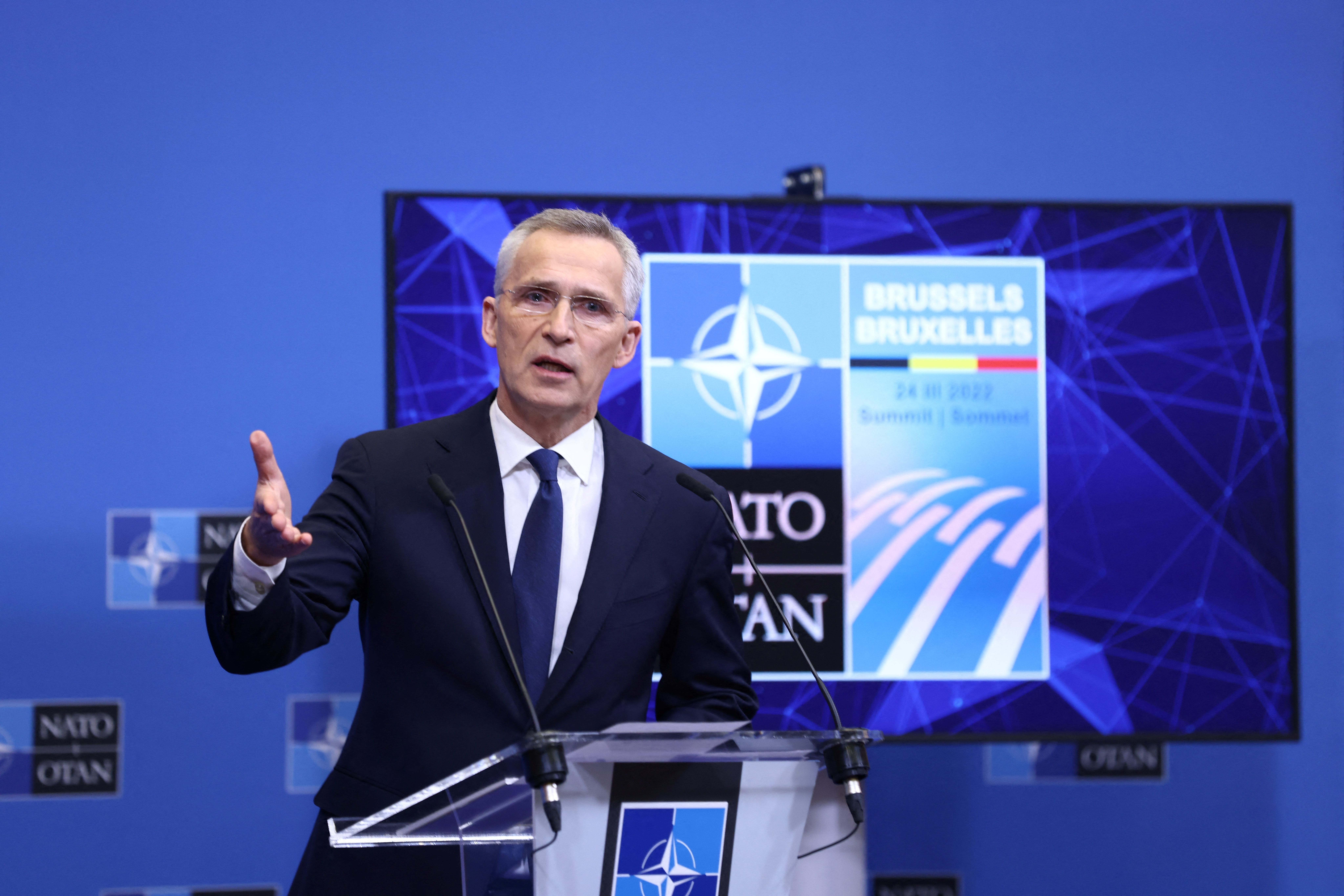 NATO Secretary General Jens Stoltenberg addresses a press conference at NATO Headquarters in Brussels on March 24.
