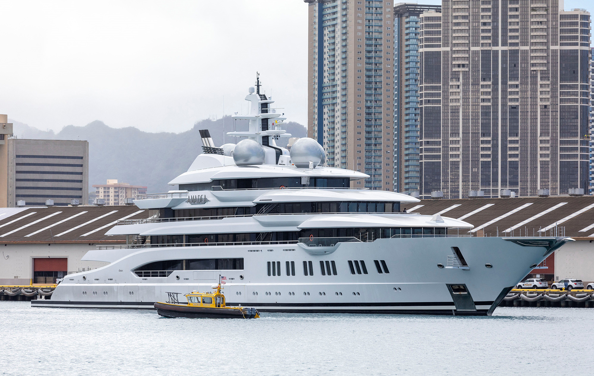 The yacht Amadea owned by the sanctioned Russian Oligarch Suleiman Kerimov arrives in Honolulu on June 16, after being seized by the Fiji government at the request of the US government.