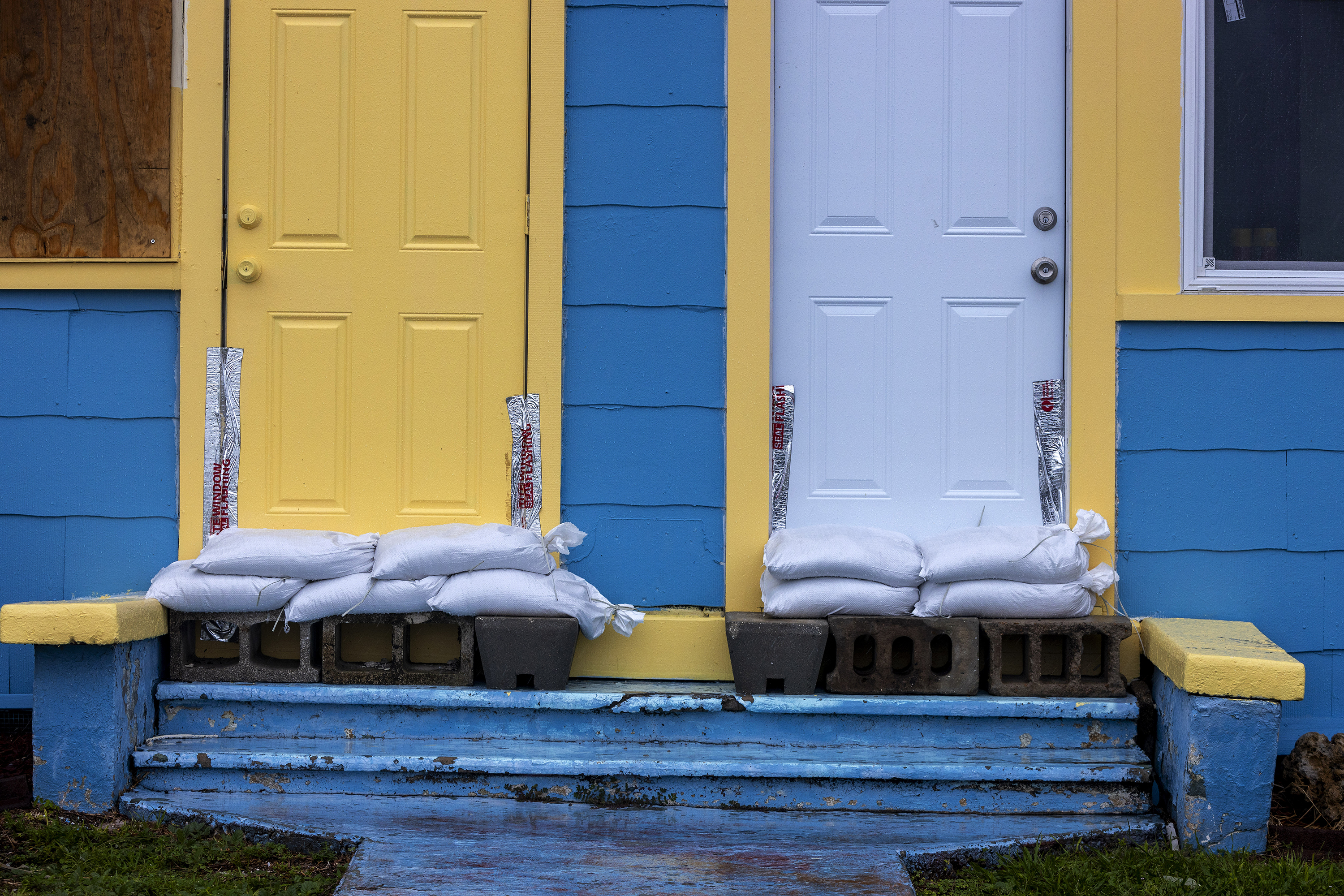 Sandbags in front of a house ahead of Hurricane Idalia in St. Petersburg, Florida, on August 29.