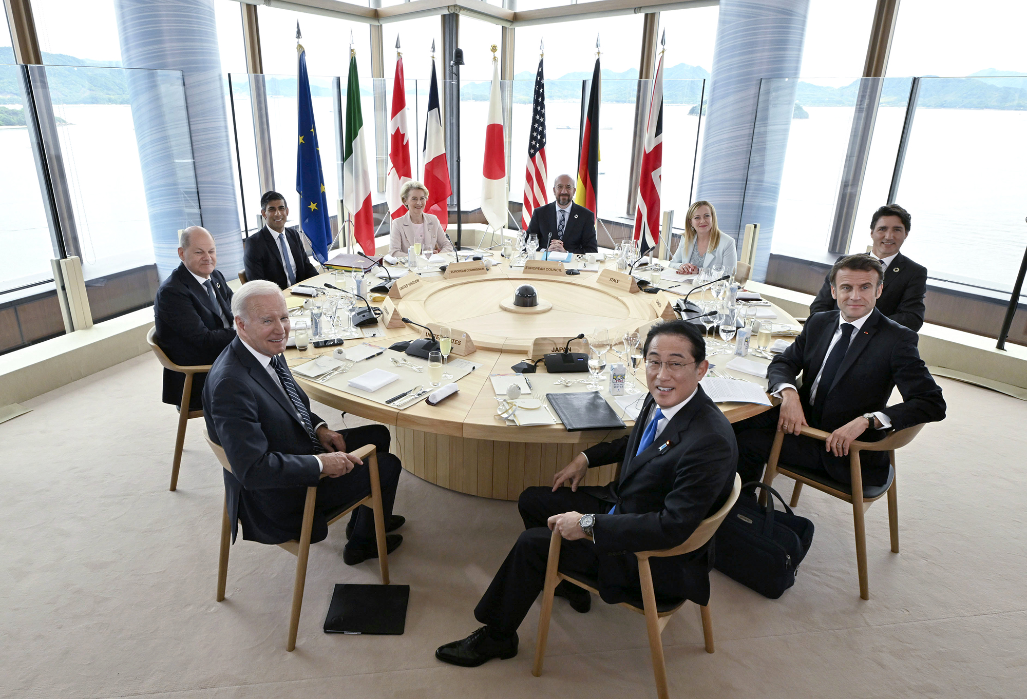 Leaders of the Group of Seven industrialized economies attend the first day of their three-day summit on May 19, 2023, in the western Japan city of Hiroshima. Pictured clockwise from front right are Japanese Prime Minister Fumio Kishida, U.S. President Joe Biden, German Chancellor Olaf Scholz, British Prime Minister Rishi Sunak, European Commission President Ursula von der Leyen, European Council President Charles Michel, Italian Prime Minister Giorgia Meloni, Canadian Prime Minister Justin Trudeau and French President Emmanuel Macron.