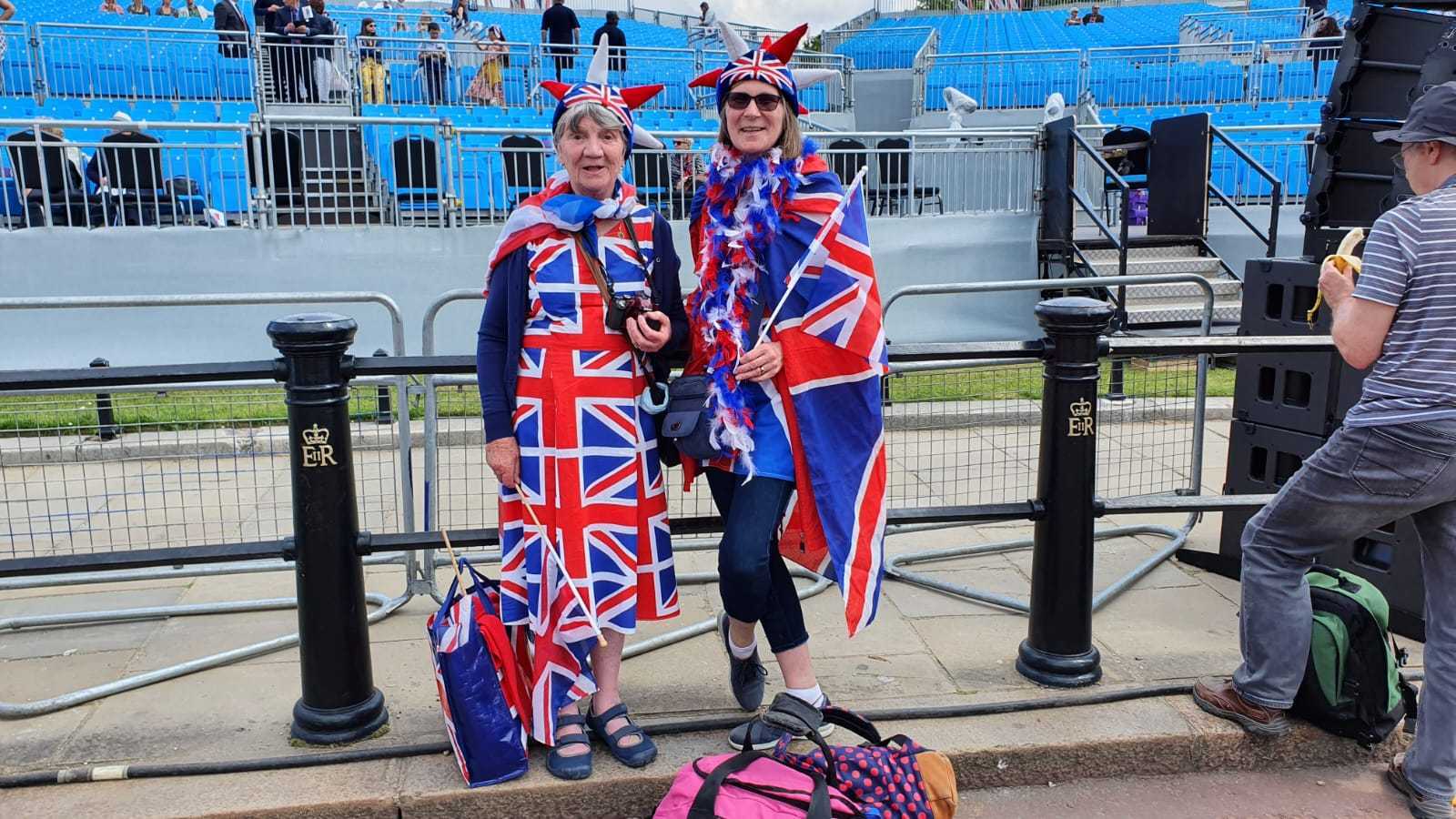 Moira Smith and Sally Conway photographed near The Mall in full Union Jack attire on June 2.