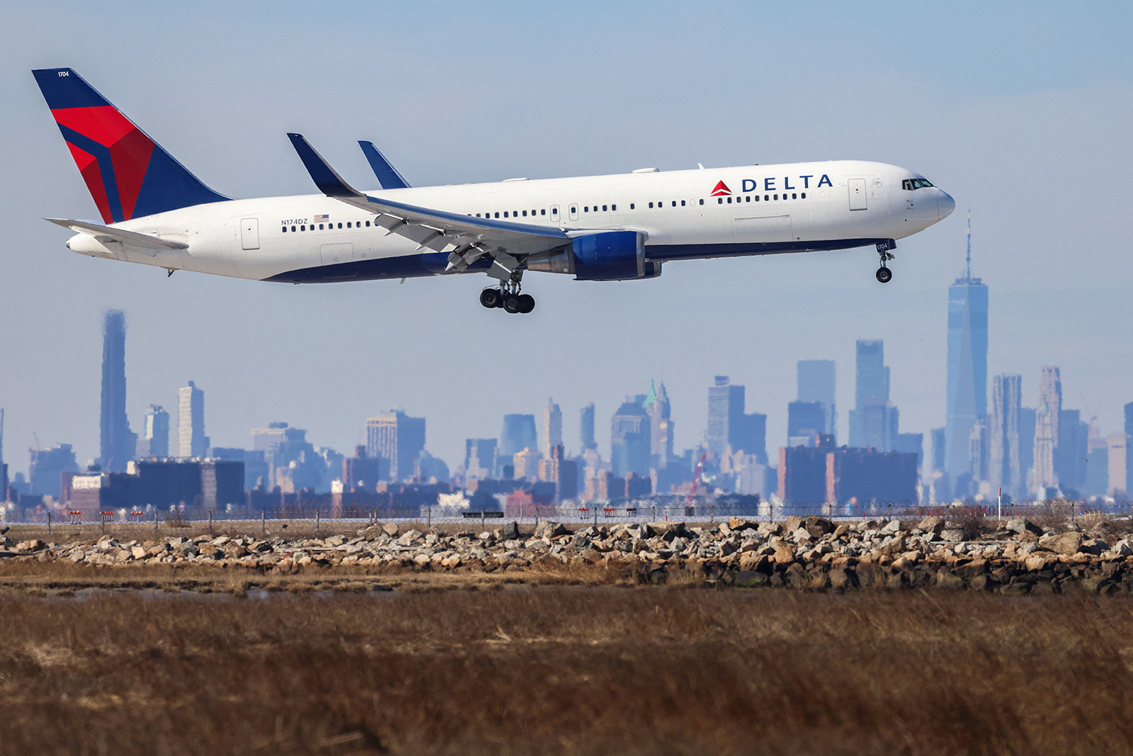 A Delta airlines aircraft arrives at JFK International Airport in New York on February 7.