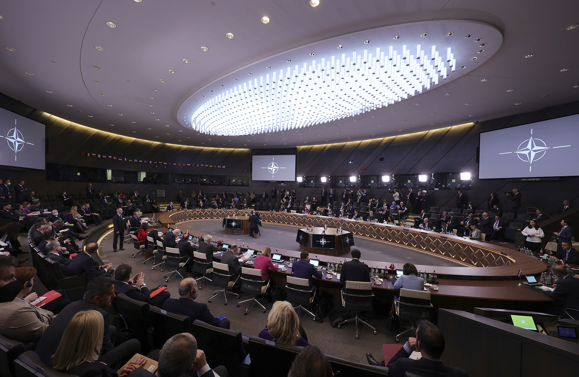 A general view of the second meeting of the North Atlantic Council with participation of NATO foreign ministers at NATO headquarters in Brussels, Belgium, on April 7.