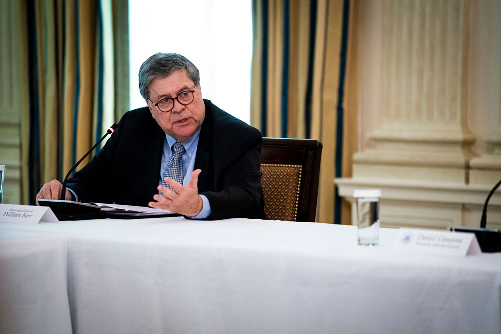 Attorney General William Barr speaks during in a roundtable with law enforcement officials in the State Dining Room of the White House on June 8, in Washington.