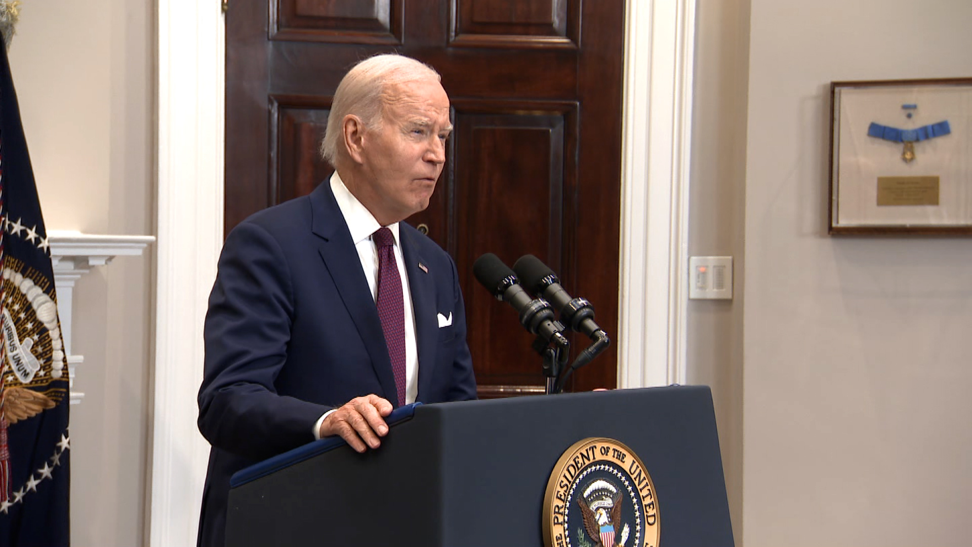 President Joe Biden speaks in the White House's Roosevelt Room on Thur