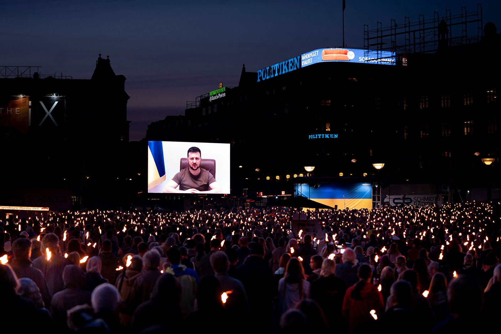 Ukrainian President Volodymyr Zelensky appears on screen to address people at the City Hall Square in Copenhagen, Denmark, on May, 4. 