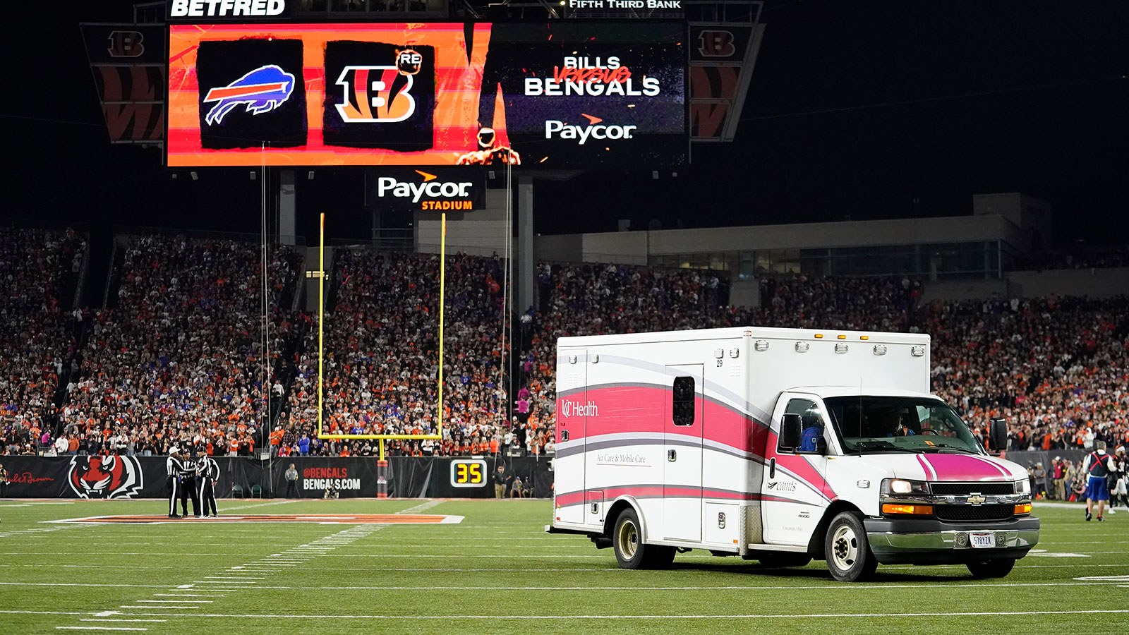 An ambulance leaves the field with Buffalo Bills' Damar Hamlin on January 2 in Cincinnati. 