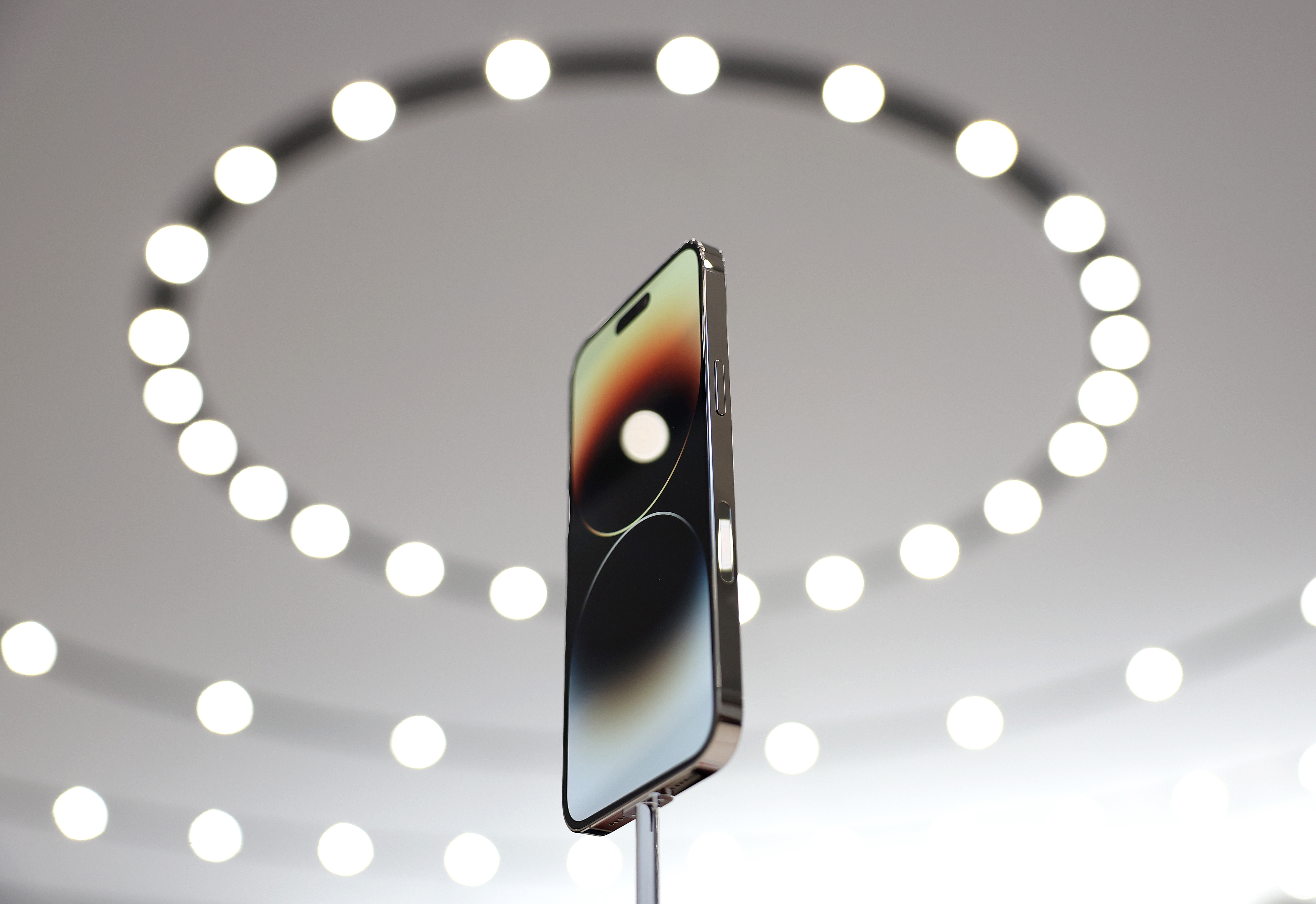 A new iPhone 14 Pro is displayed during an Apple event in Cupertino, California, on September 7, 2022.