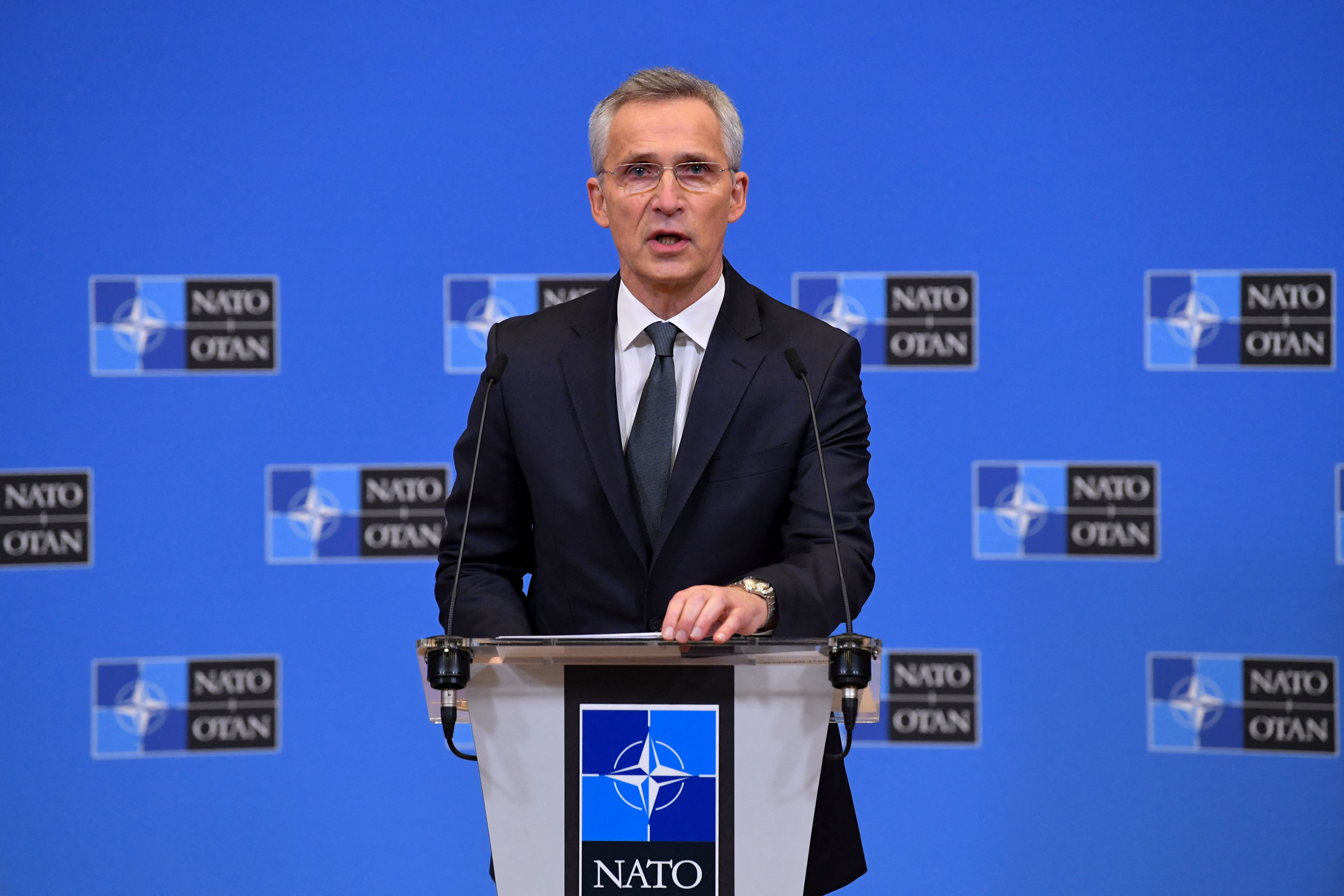 NATO Secretary General Jens Stoltenberg gives a statement on Russia's attack on Ukraine, at NATO headquarters in Brussels, Belgium, on February 24.