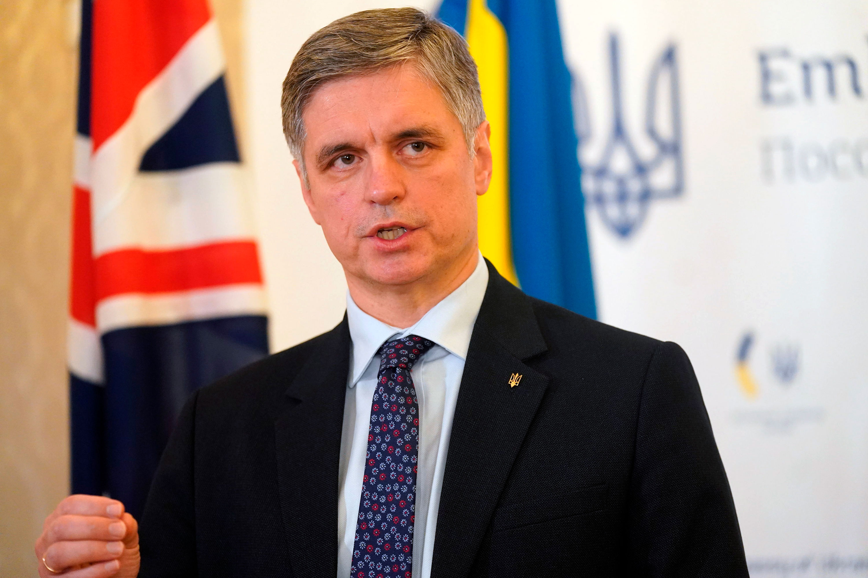 Ukrainian Ambassador to the UK Vadym Prystaiko speaks to the media at the Ukrainian Embassy in London on February 24.