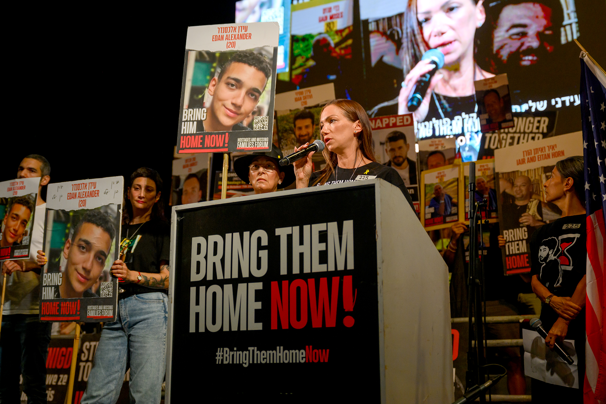 Yael Alexander, the mother of hostage Edan Alexander, speaks at the “International Rally - United We Bring Them Home” rally in Hostage Square on May 18 in Tel Aviv, Israel. The rally calls for the immediate release of the remaining hostages that are still being held hostage in Gaza.