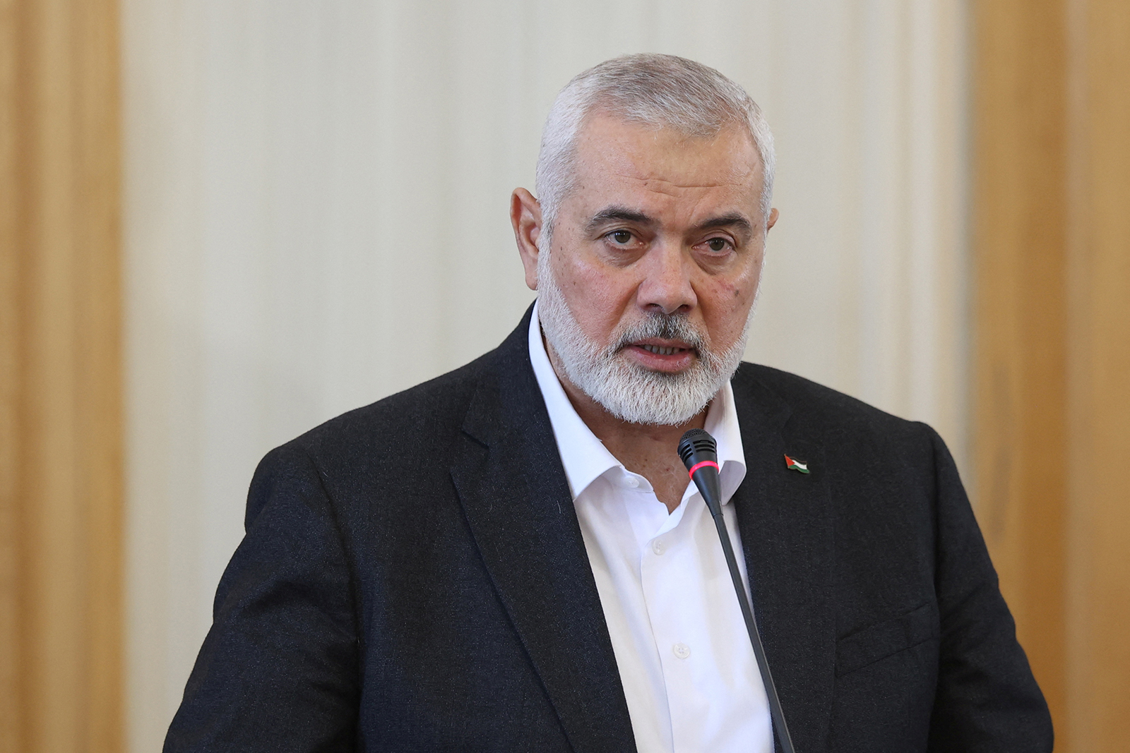 Palestinian group Hamas' top leader Ismail Haniyeh speaks during a press conference in Tehran, Iran, March 26, 2024. 
