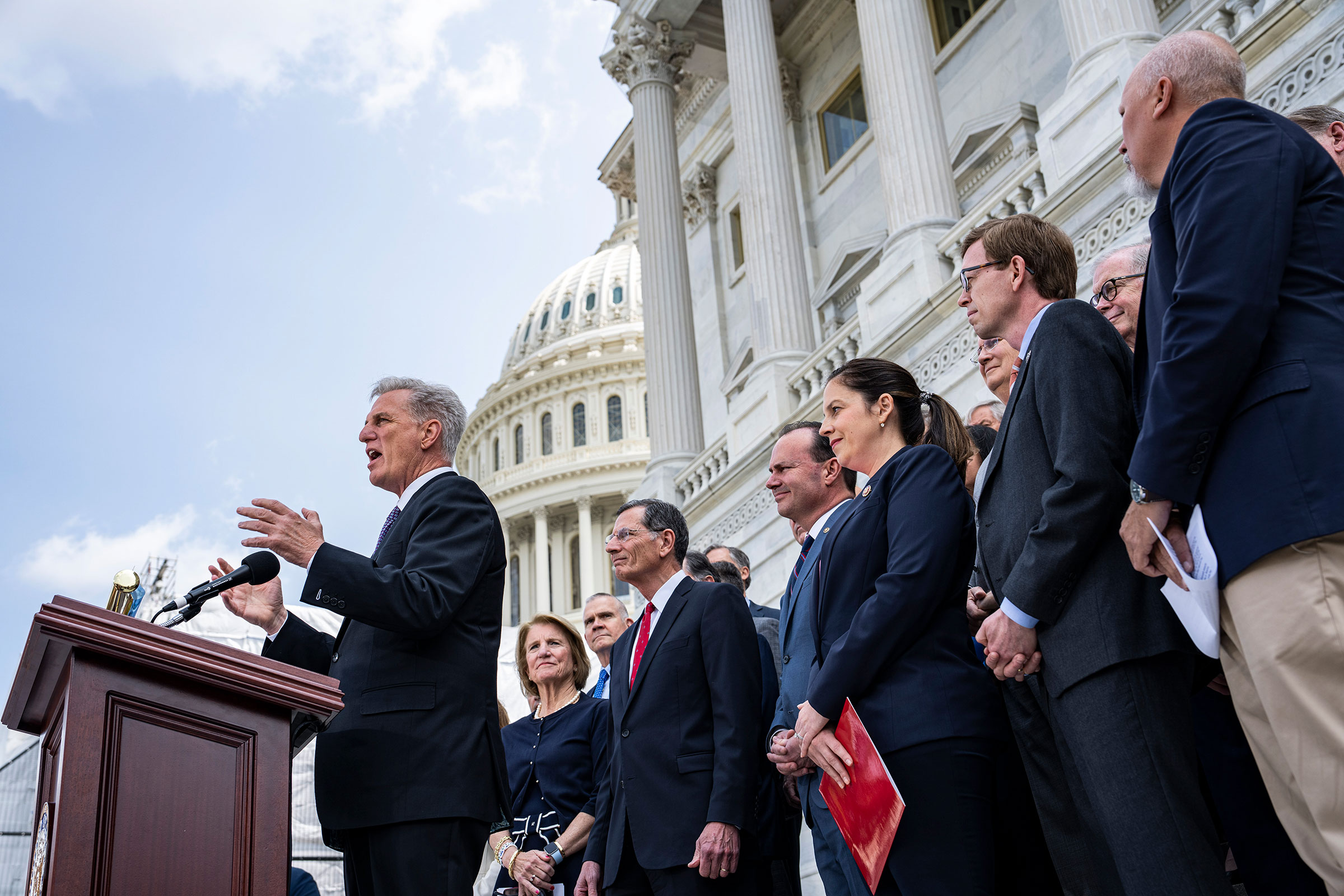 House Speaker Kevin McCarthy speaks with other Republican members of the House and Senate at a news conference on debt limit negotiations at the Capitol in Washington, DC, on May 17.