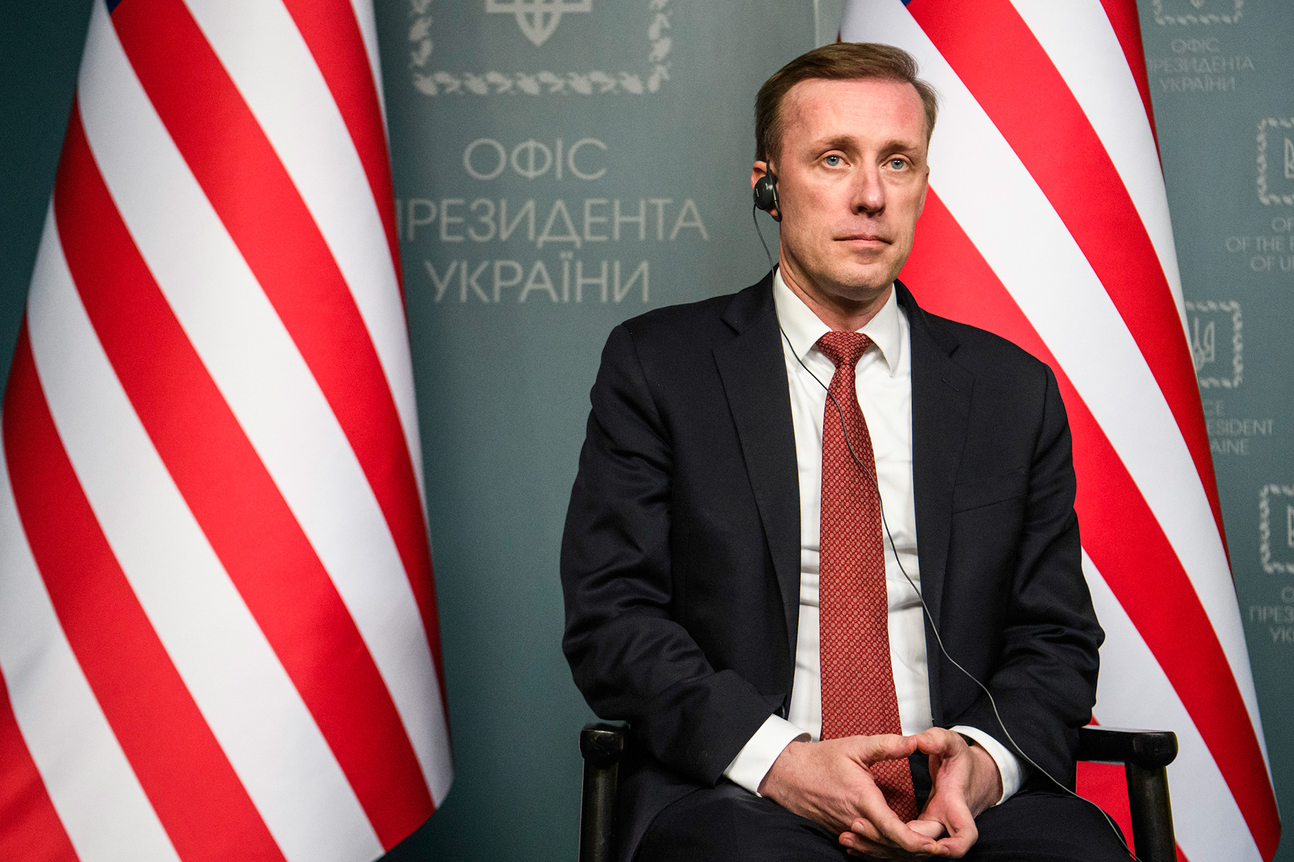 U.S. White House National Security Advisor Jake Sullivan attends a press briefing in Kyiv, on March 20. 