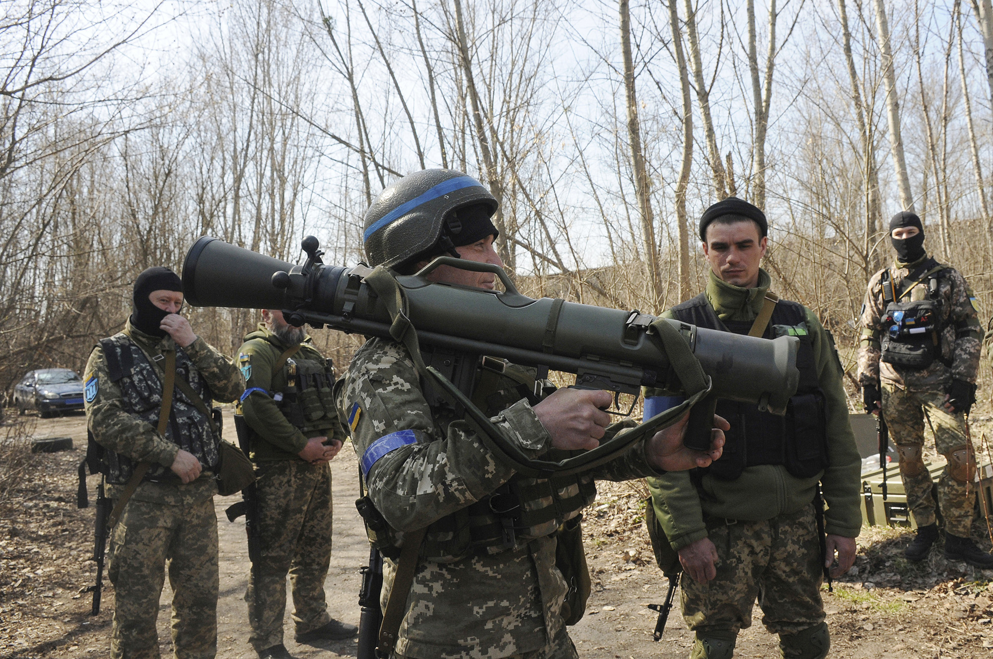 Ukrainian servicemen study the Swedish made the Carl Gustaf M4, a shoulder-launched weapon system, during a training session near Kharkiv, Ukraine, on April 7.
