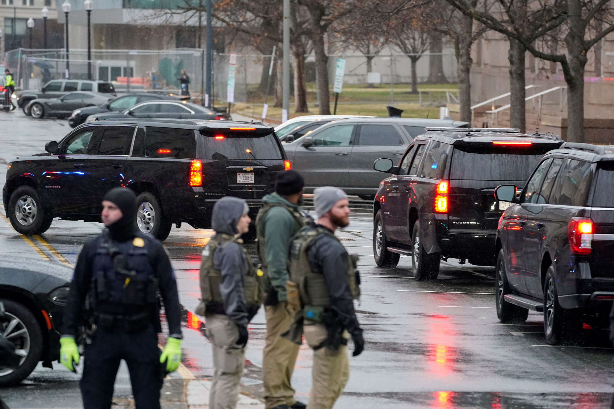 The motorcade of former President Donald Trump arrives for a hearing on Trump's claim of immunity in the federal case accusing him of illegally attempting to overturn his 2020 election defeat, at U.S. District Court in Washington, DC, on Tuesday. 