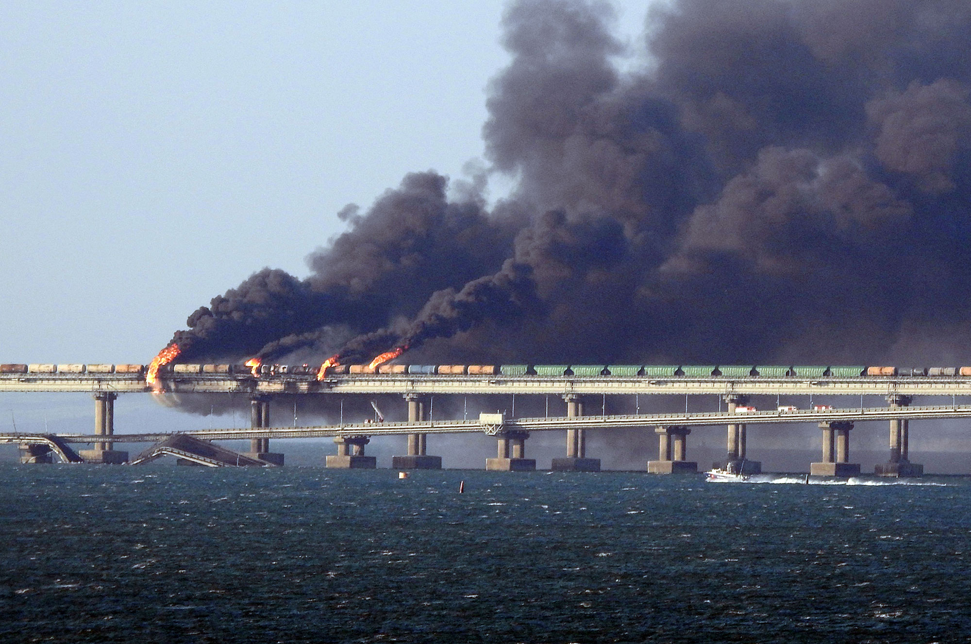 Black smoke billows from a fire on the Kerch bridge on October 8. 