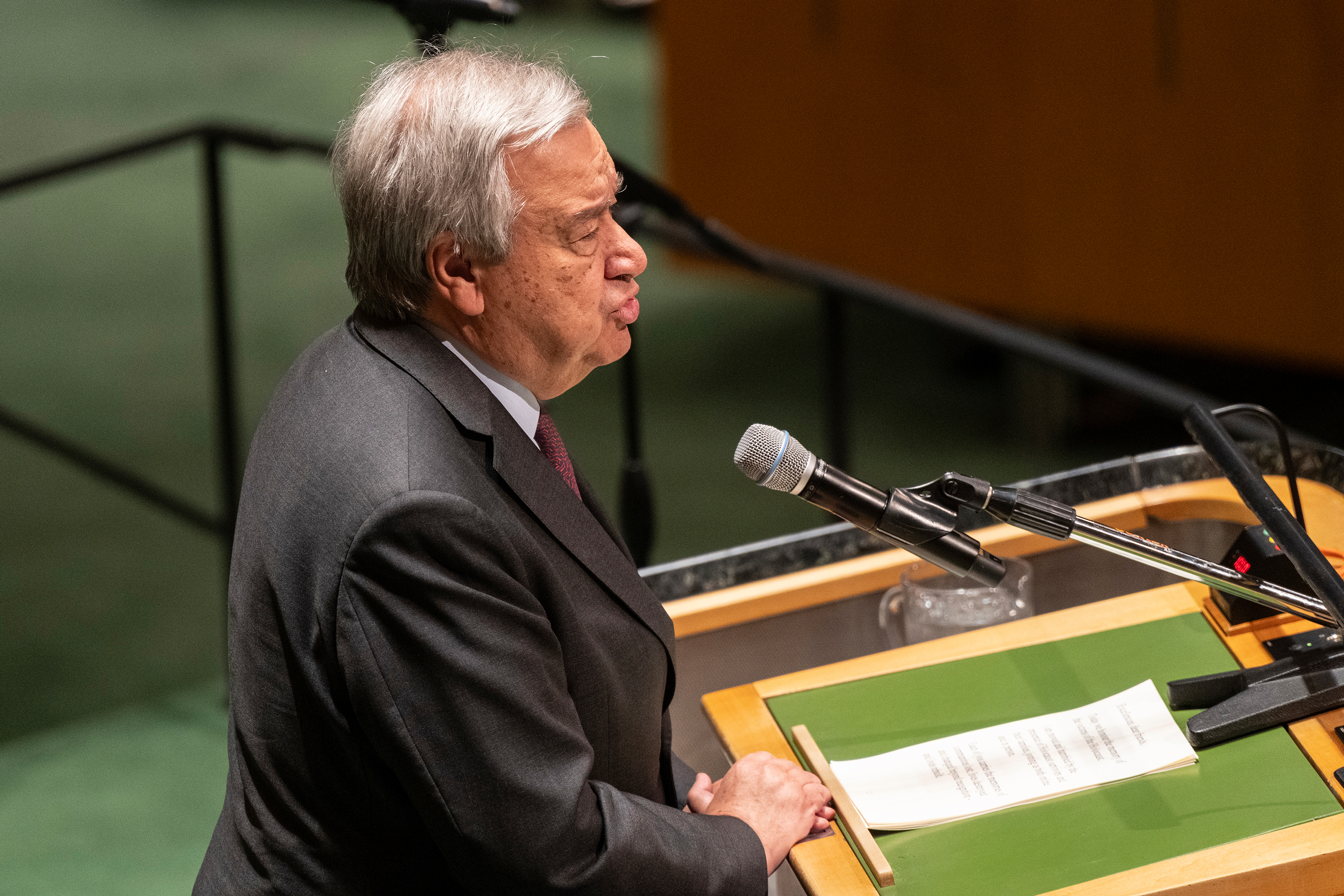 Antonio Guterres speaks during United Nations Holocaust Memorial Ceremony in observance of the International Day of Commemoration, at UN Headquarters in New York on January 26, 2024.