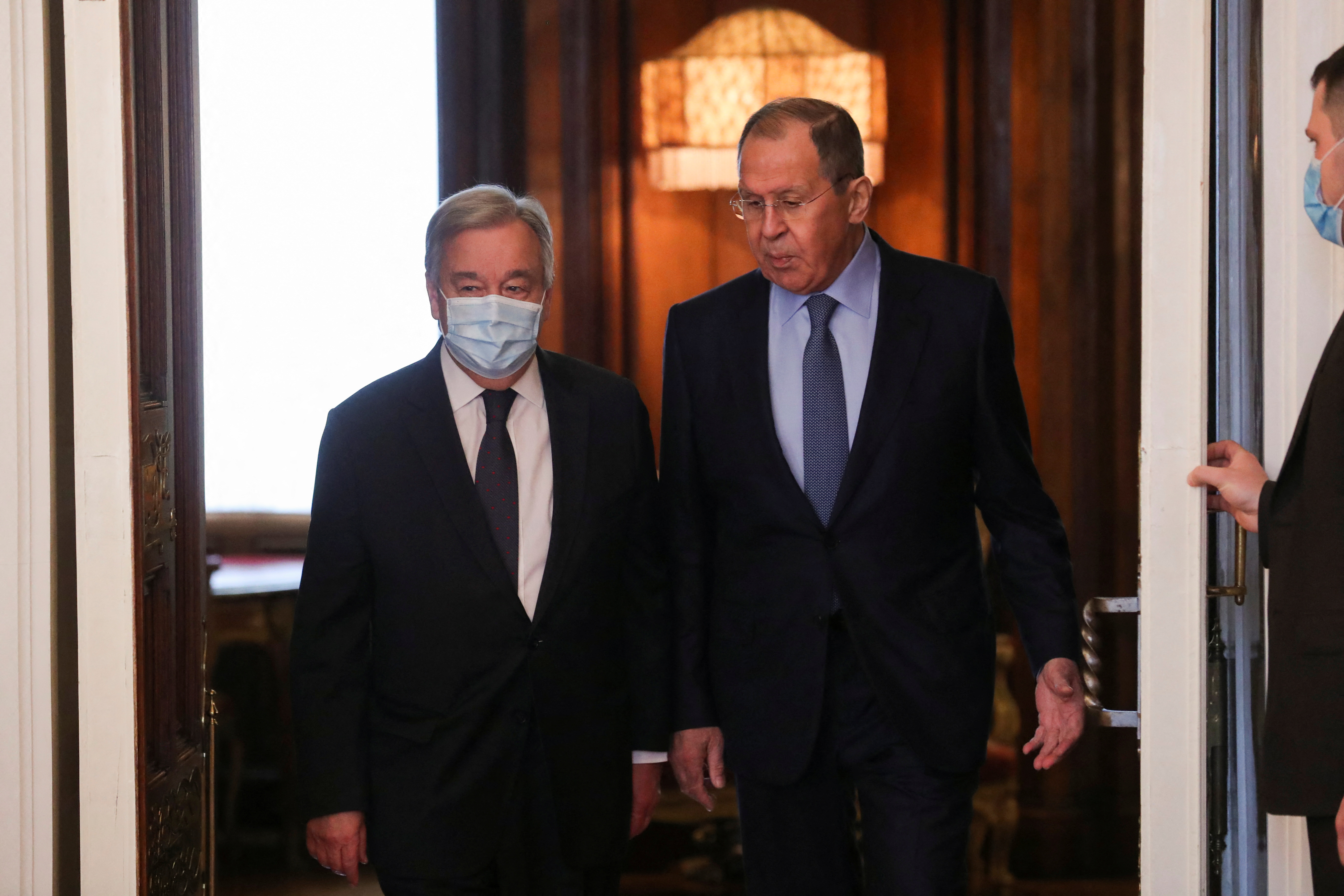 UN Secretary-General Guterres, left, meets Lavrov, right, in Moscow, Russia, on April 26.