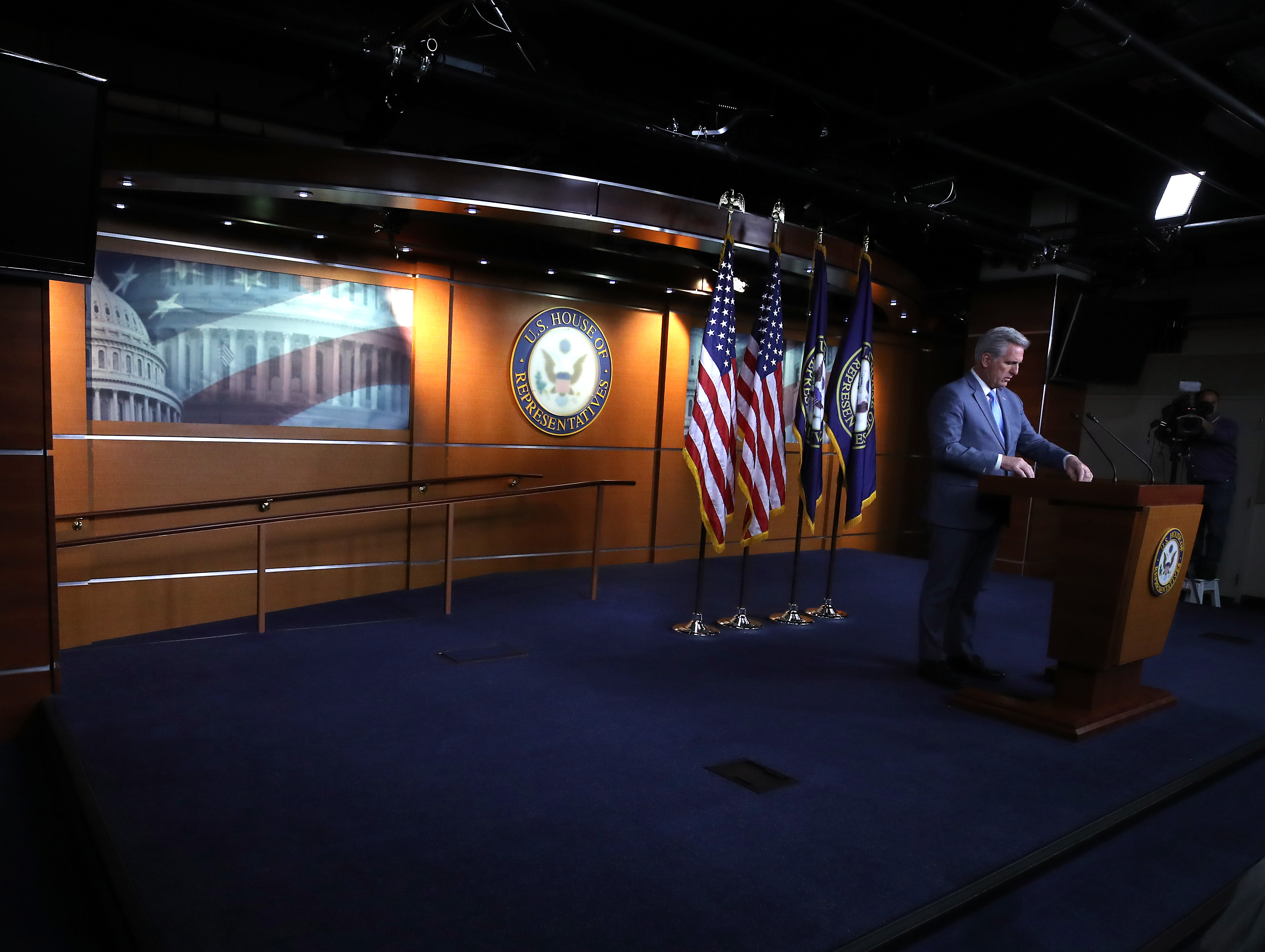 House Minority Leader Kevin McCarthy (R-CA) speaks to the media during his weekly news conference on Capitol Hill on Oct. 18, 2019 in Washington, DC. 