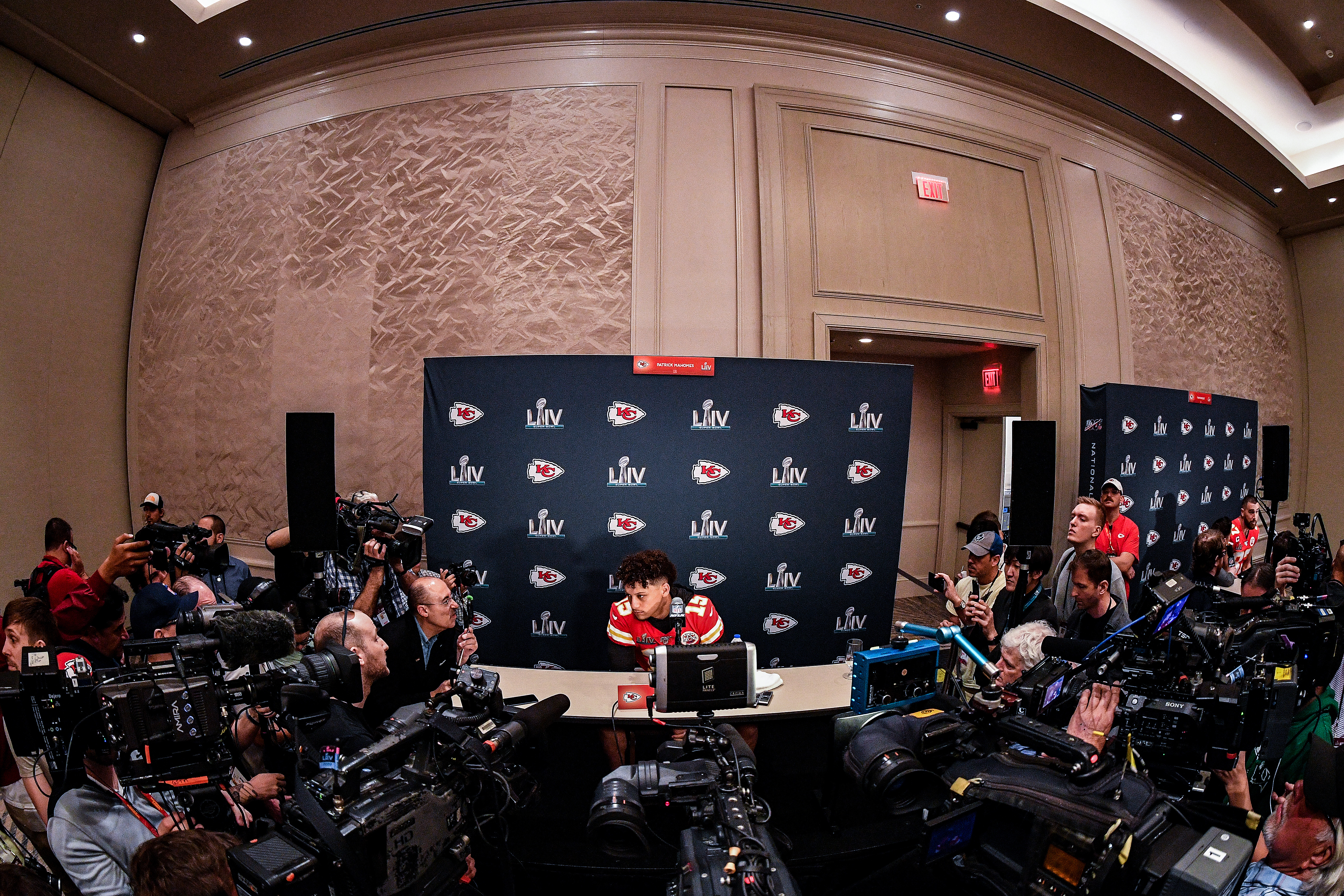 Patrick Mahomes of the Kansas City Chiefs speaks to the media during the Kansas City Chiefs media availability prior to Super Bowl LIV 