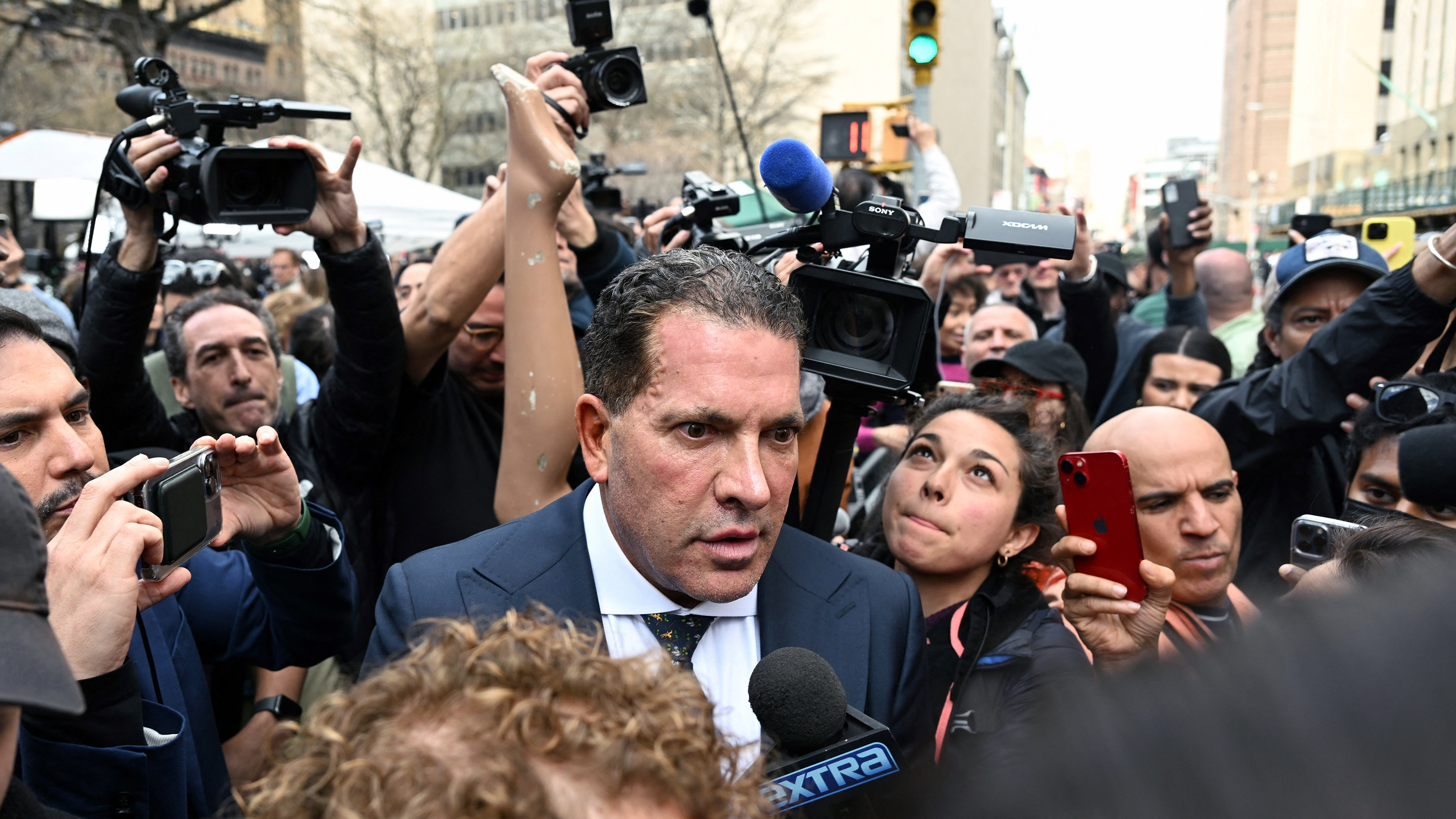 Joe Tacopina, lawyer of former president Donald Trump, speaks to the press outside the Manhattan Criminal Court in New York on April 4.