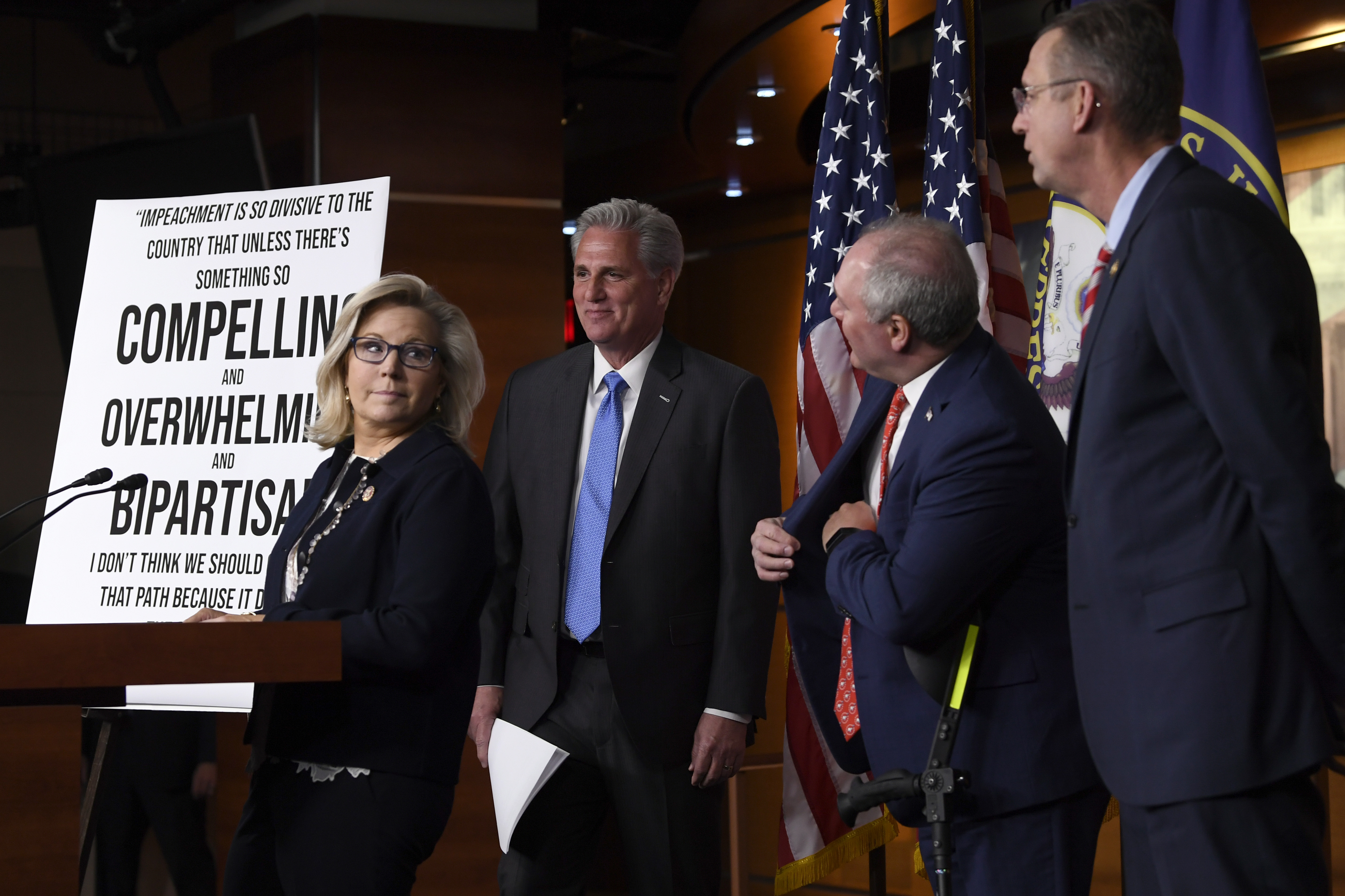 House Minority Leader Kevin McCarthy, second from left, is joined by Rep. Liz Cheney, left, House Minority Whip Steve Scalise, second from right, and House Judiciary Committee ranking member Rep. Doug Collins, right, at the start of a news conference on Capitol Hill in Washington on Dec. 3.