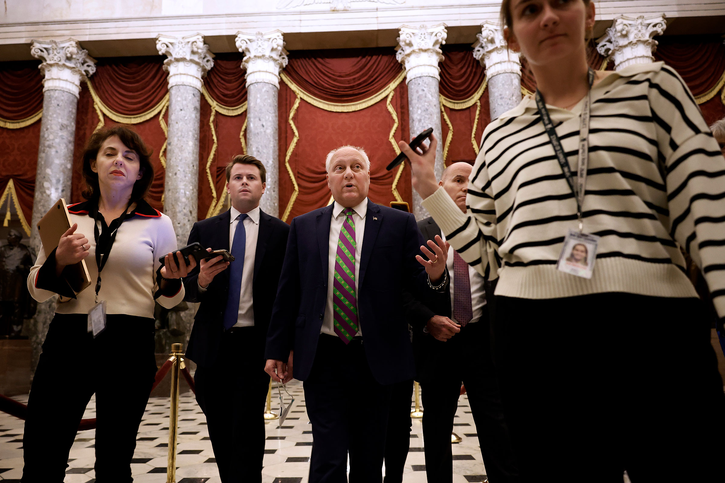 House Majority Leader Steve Scalise talks to reporters as he walks through Statuary Hall immediately after the House voted to impeach Homeland Security Secretary Alejandro Mayorkas at the US Capitol on February 13, in Washington, DC. 