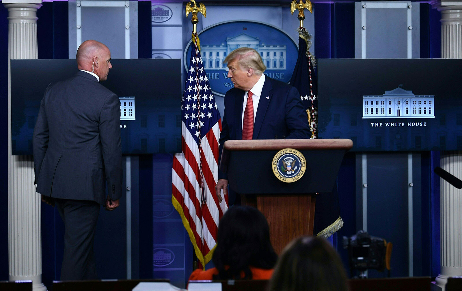 President Donald Trump is being removed from the Brady Briefing Room of the White House in Washington on Monday, August 10. 